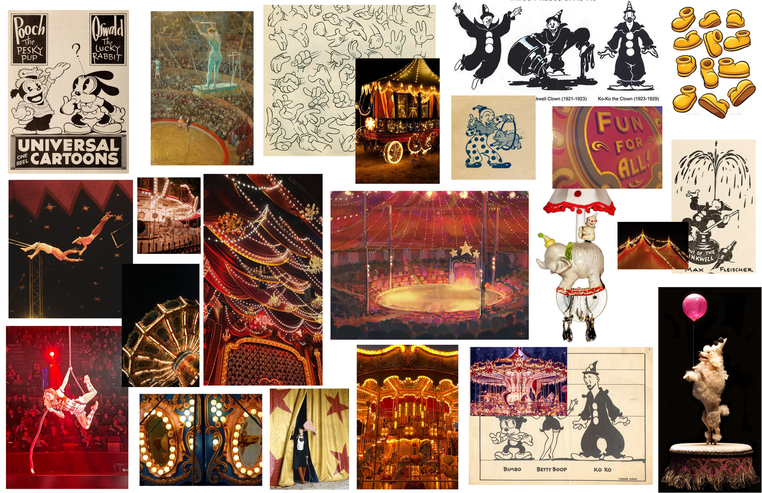 A collage of circus-themed images including vintage cartoon characters, circus performances, illuminated rides, tents, banners, and decorations with bright lights and festive atmospheres.