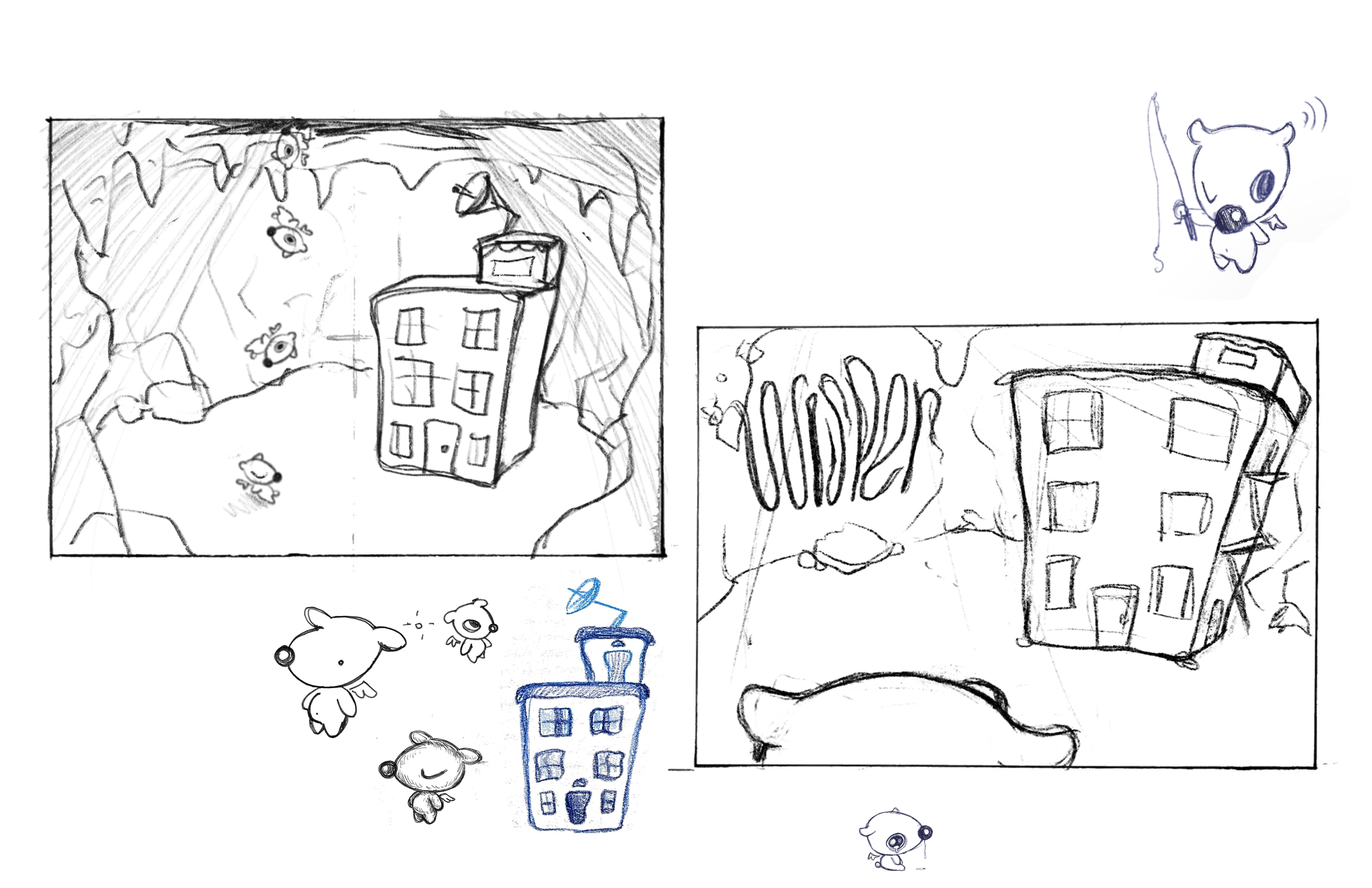 Hand-drawn sketches of buildings, animals, and other objects with some details and annotations.