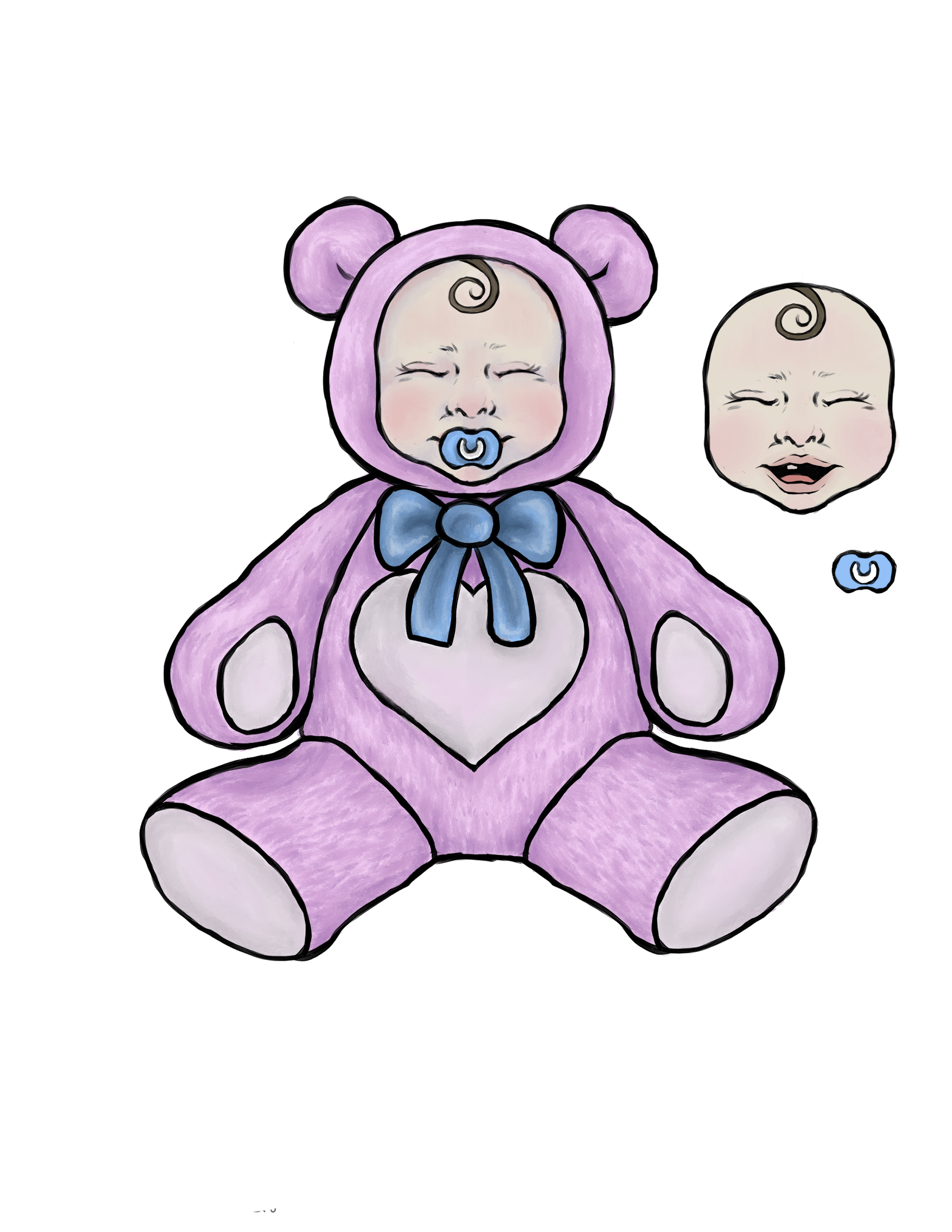Hand-drawn illustration of a baby dressed in a purple bear costume with a hood featuring bear ears and a blue bow, sitting with legs apart, and a separate baby face with eyes closed and mouth slightly open.