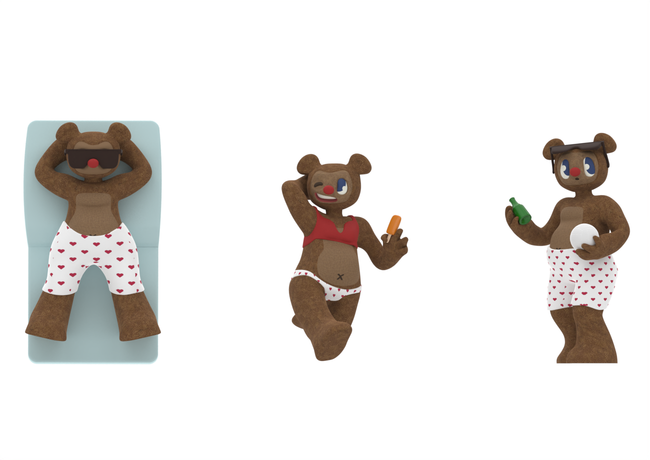 Three bear plush toys in swimsuits with red hearts. The bear on the left is lying on a blue lounge chair with sunglasses. The middle bear is standing, winking, holding a popsicle, and dressed in a red top. The right bear is holding a bottle and a bal