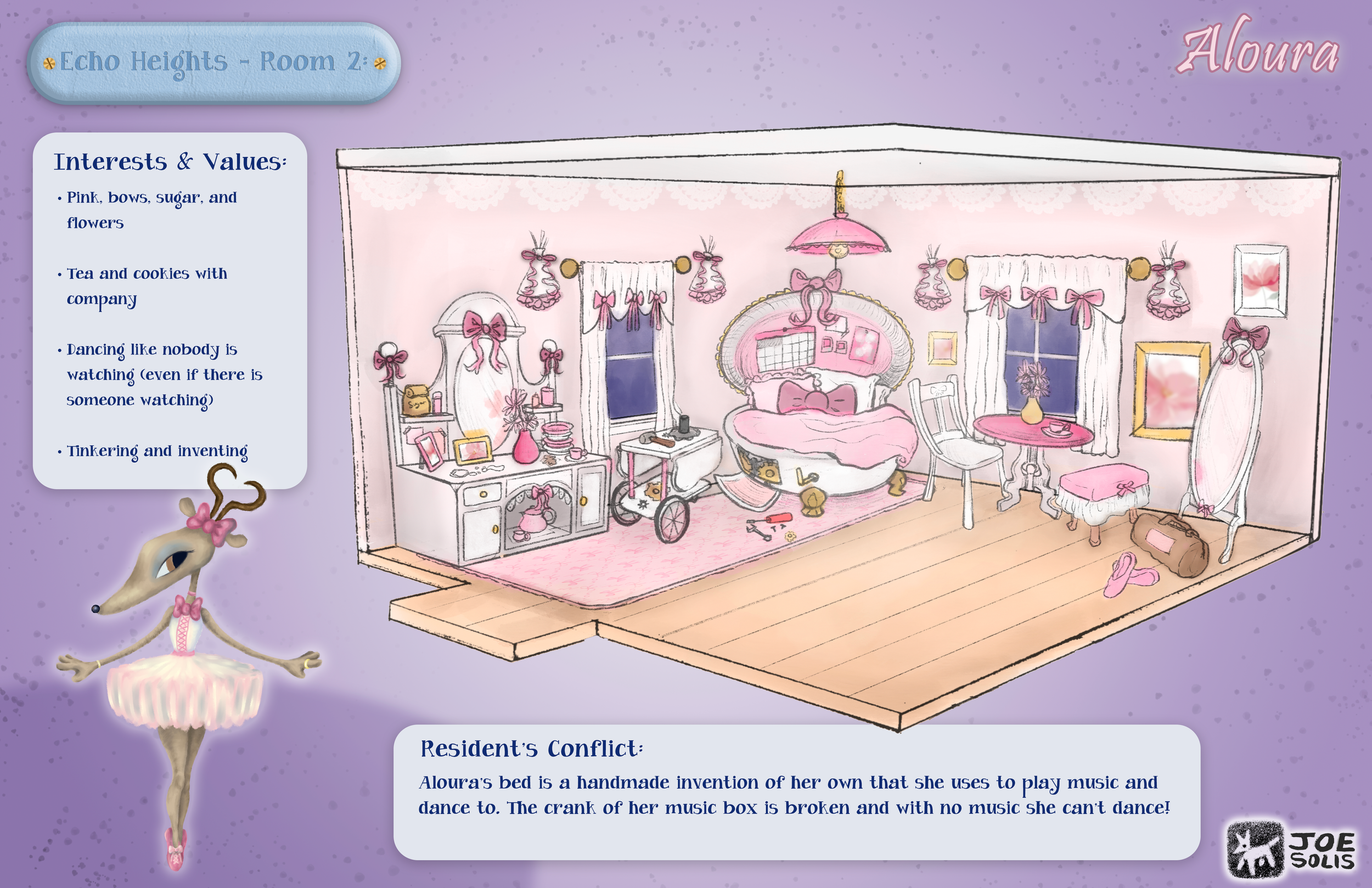 Illustration of a bedroom decorated in pink and white with furniture such as a bed with bunting, curtains with bows, a bedside table with flowers, and a rocking chair. The room has a whimsical, cartoon style with various ornaments and pictures.