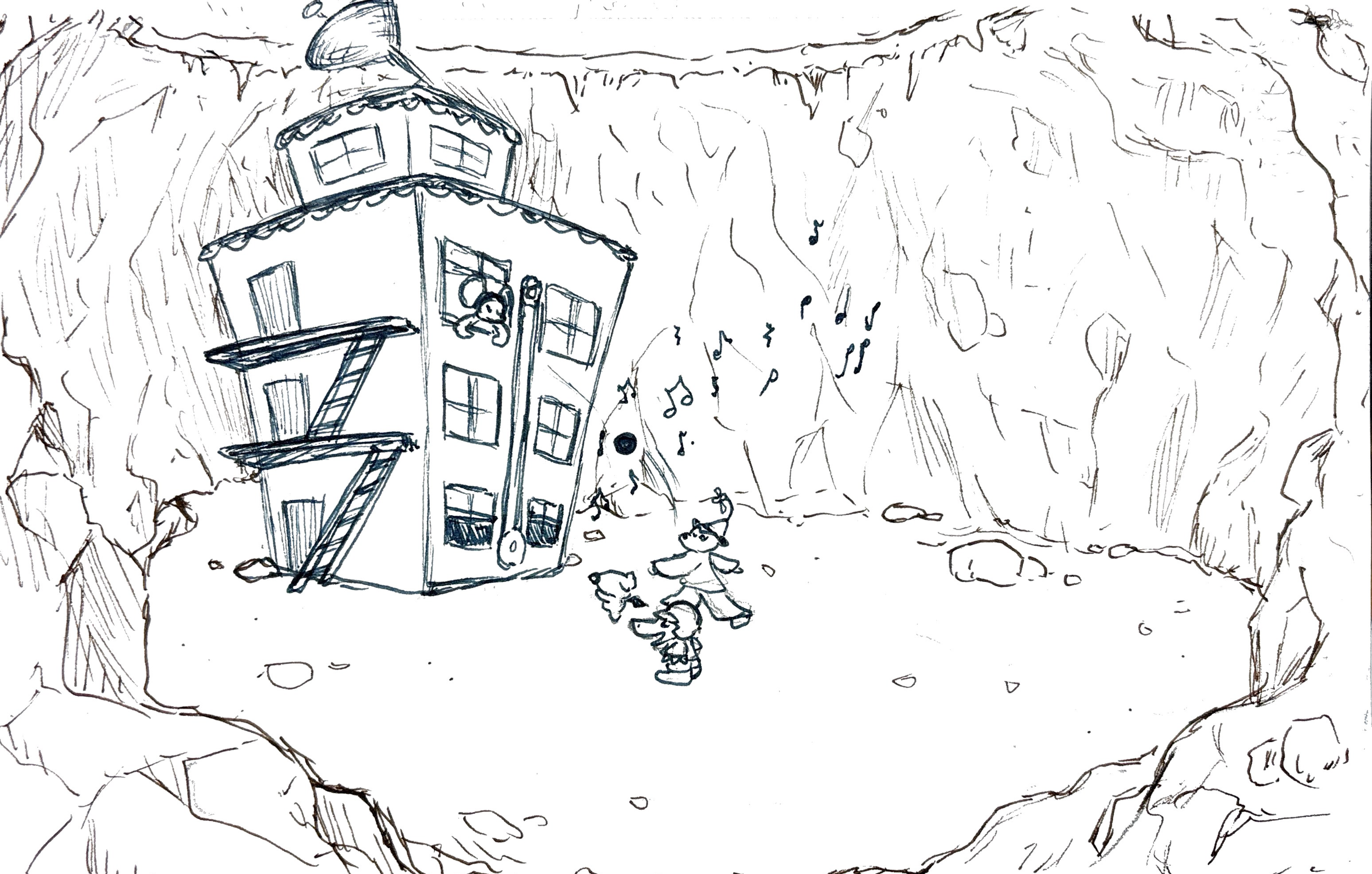 A sketch of a cozy house with a tower, situated within a rocky canyon. Several children are playing outside, and musical notes suggest music is present.