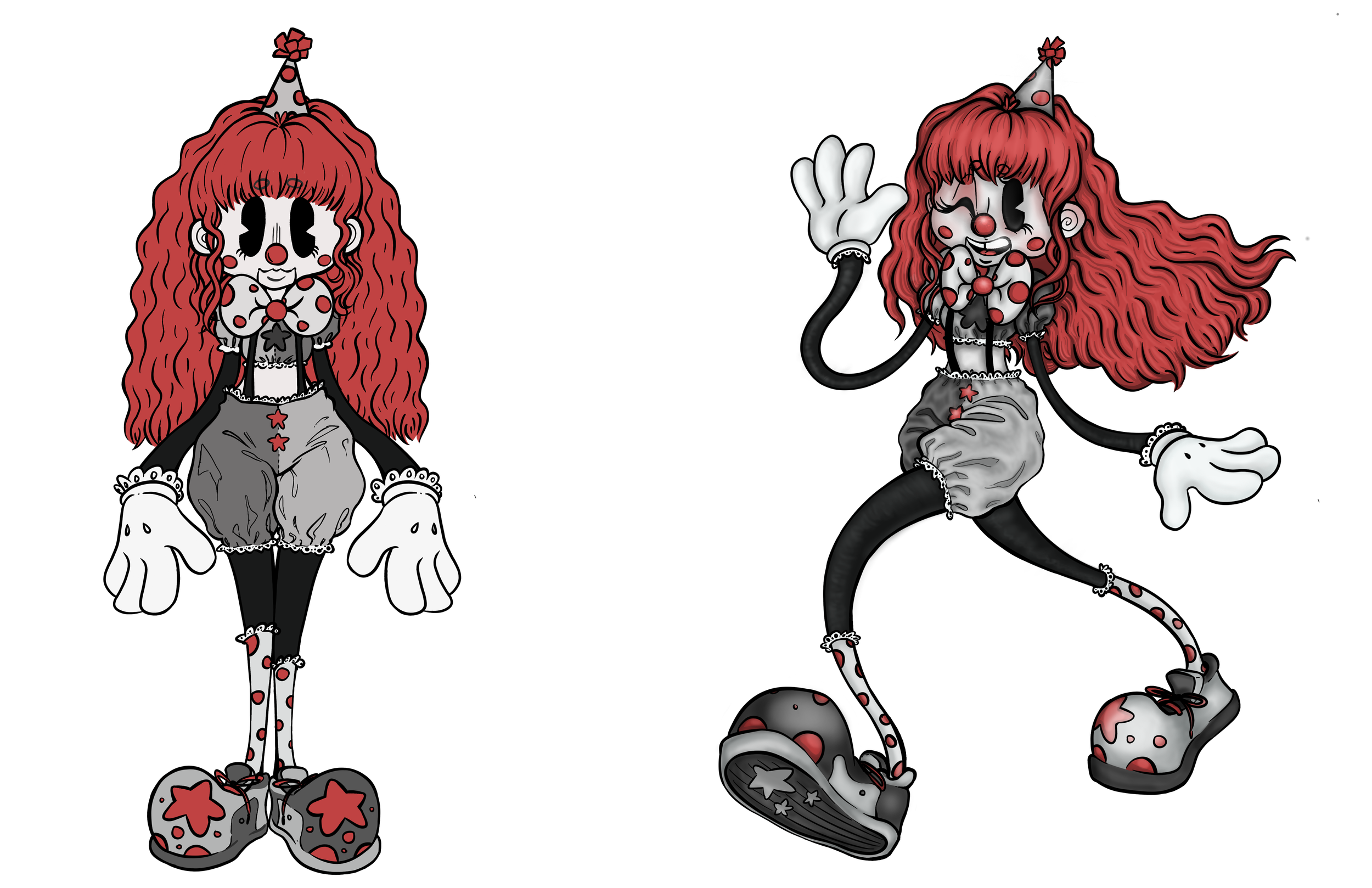 A cartoon clown with long curly red hair and clown makeup, wearing a polka dot bow tie, black and white clothing, and clown shoes with red star patterns, standing next to a clown riding a small vehicle with polka dot details, a red seat, and a black 
