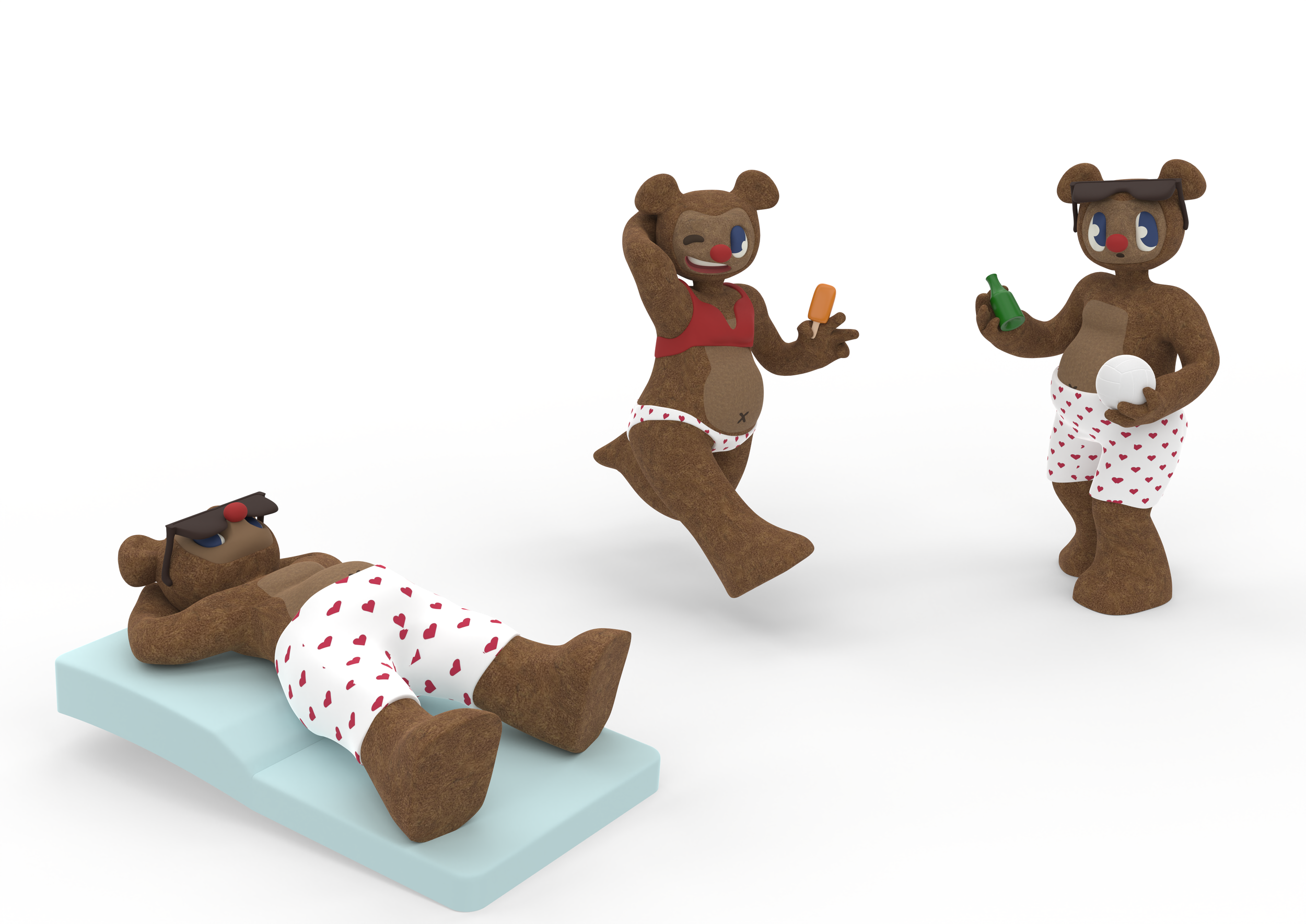 Cartoon bears at a pool party, wearing swimsuits with heart patterns. One bear is lying on a float, while the others are standing and holding drinks and a volleyball.