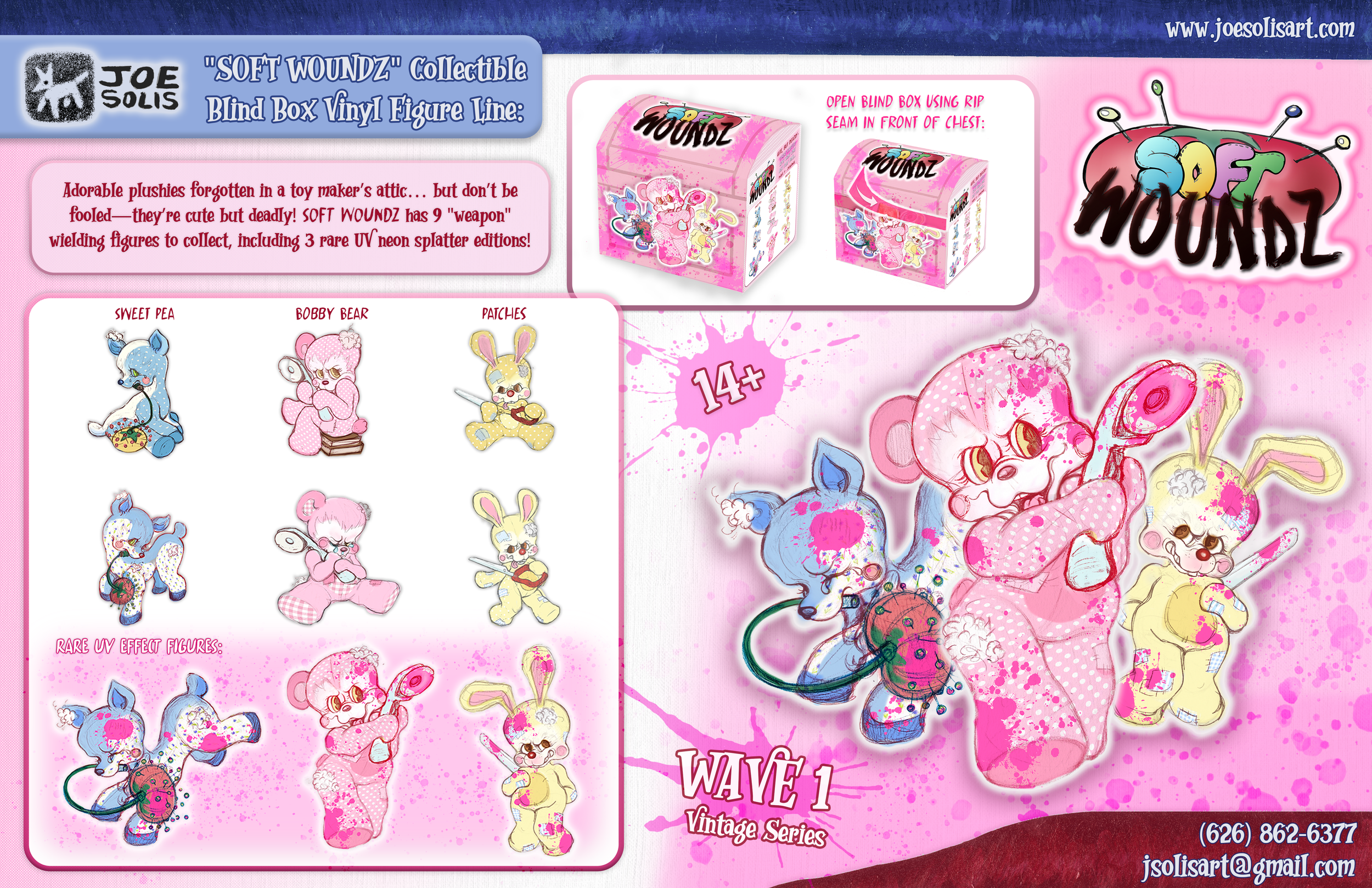 A colorful advertisement for JOEL SOLIS' 'Soft Woundz' collectible vinyl figures. The image displays multiple plush toy figures of cute animals, some with unique effects like neon splatter. The figures are presented in various poses, including a blue