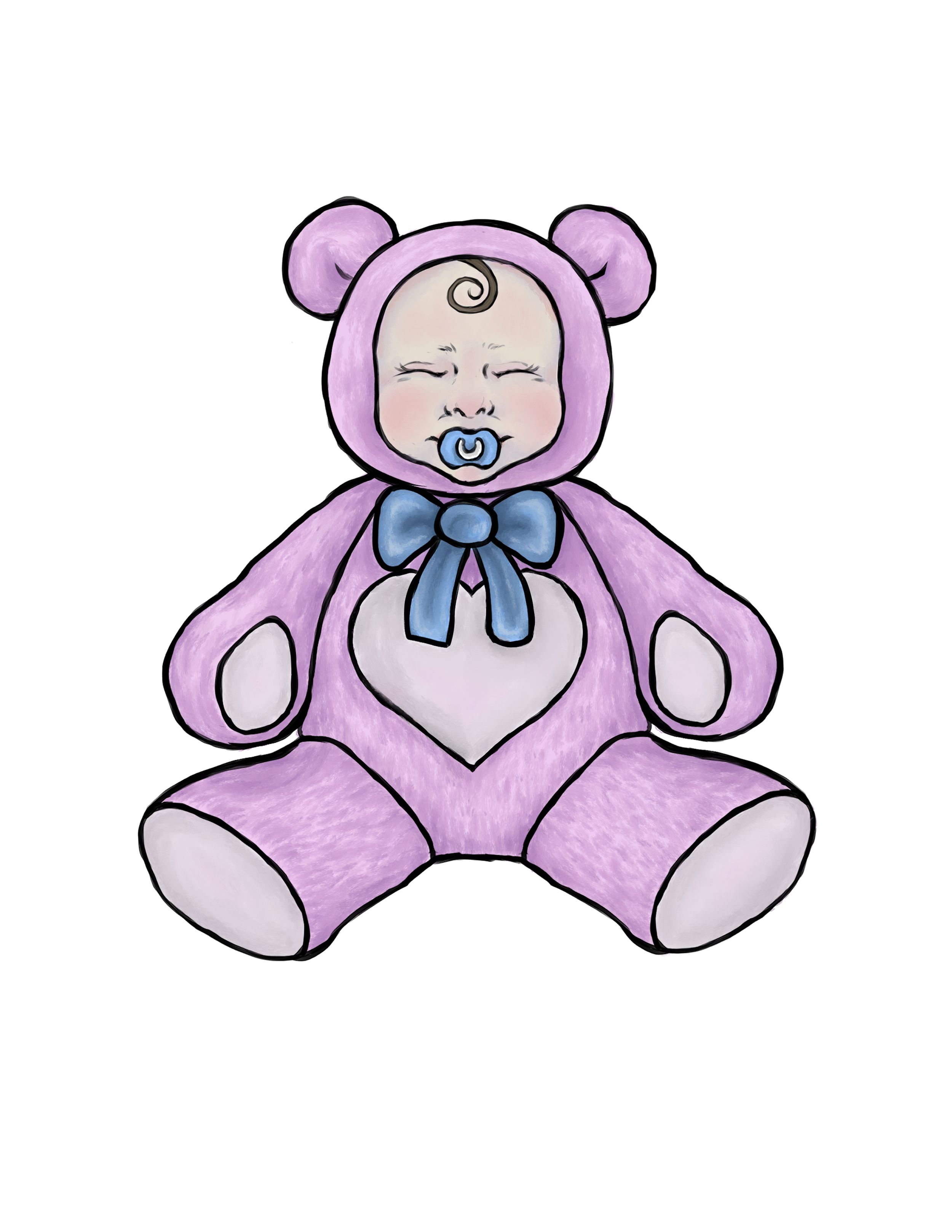 Hand-drawn illustration of a baby dressed in a purple bear costume with bear ears, a blue bow, and a blue pacifier. The baby has closed eyes and a curled hair strand on the forehead.