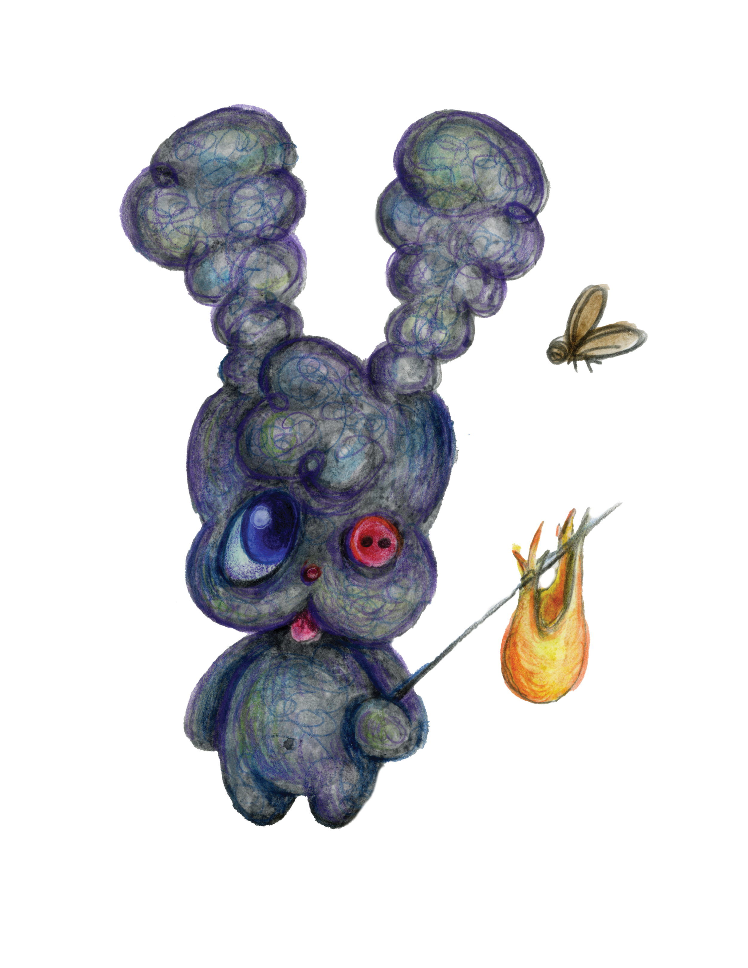 A whimsical drawing of a caterpillar with multiple fuzzy, colorful segments, a pink nose, and blue eyes. It is holding a small, orange, elongated object that resembles a peeled orange or lemon segment, with a tiny bee nearby.