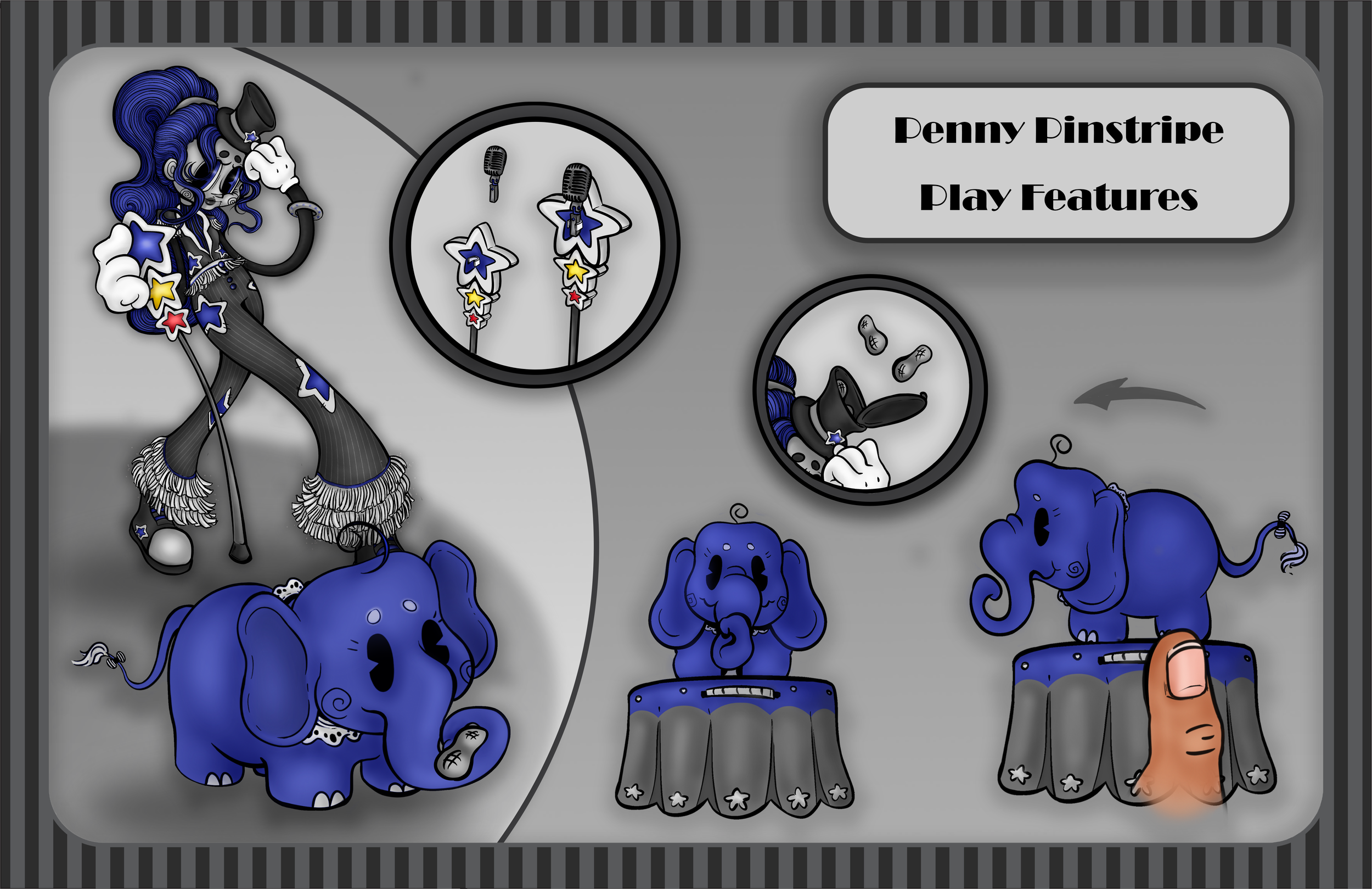 A digital game interface featuring a character resembling a skeleton with blue hair and star-themed clothing watching a finger tap on a button, with haunted blue pumpkins and a sign labeled 'Penny Pinstripe Play Features'.