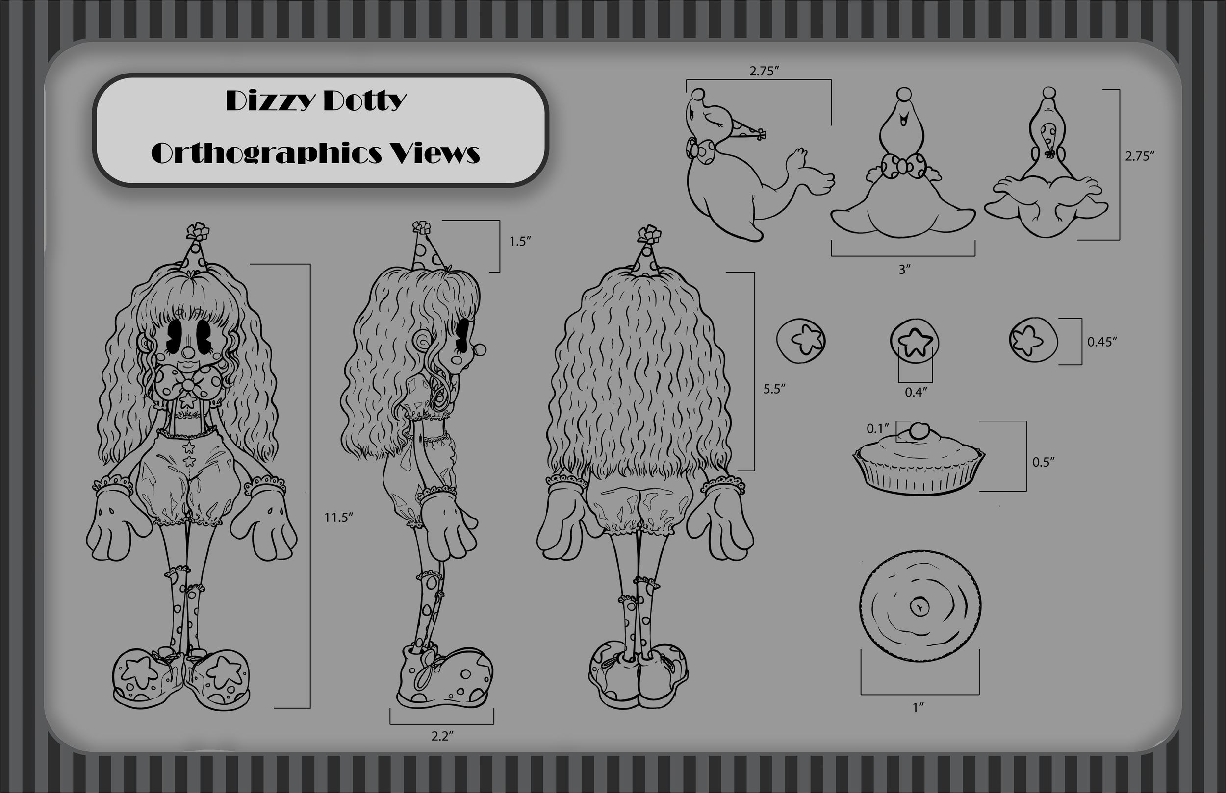 Black and white line drawing of a cartoon girl with long curly hair, wearing a hat and clown shoes, shown from the front, side, and back views, with measurements for each view.