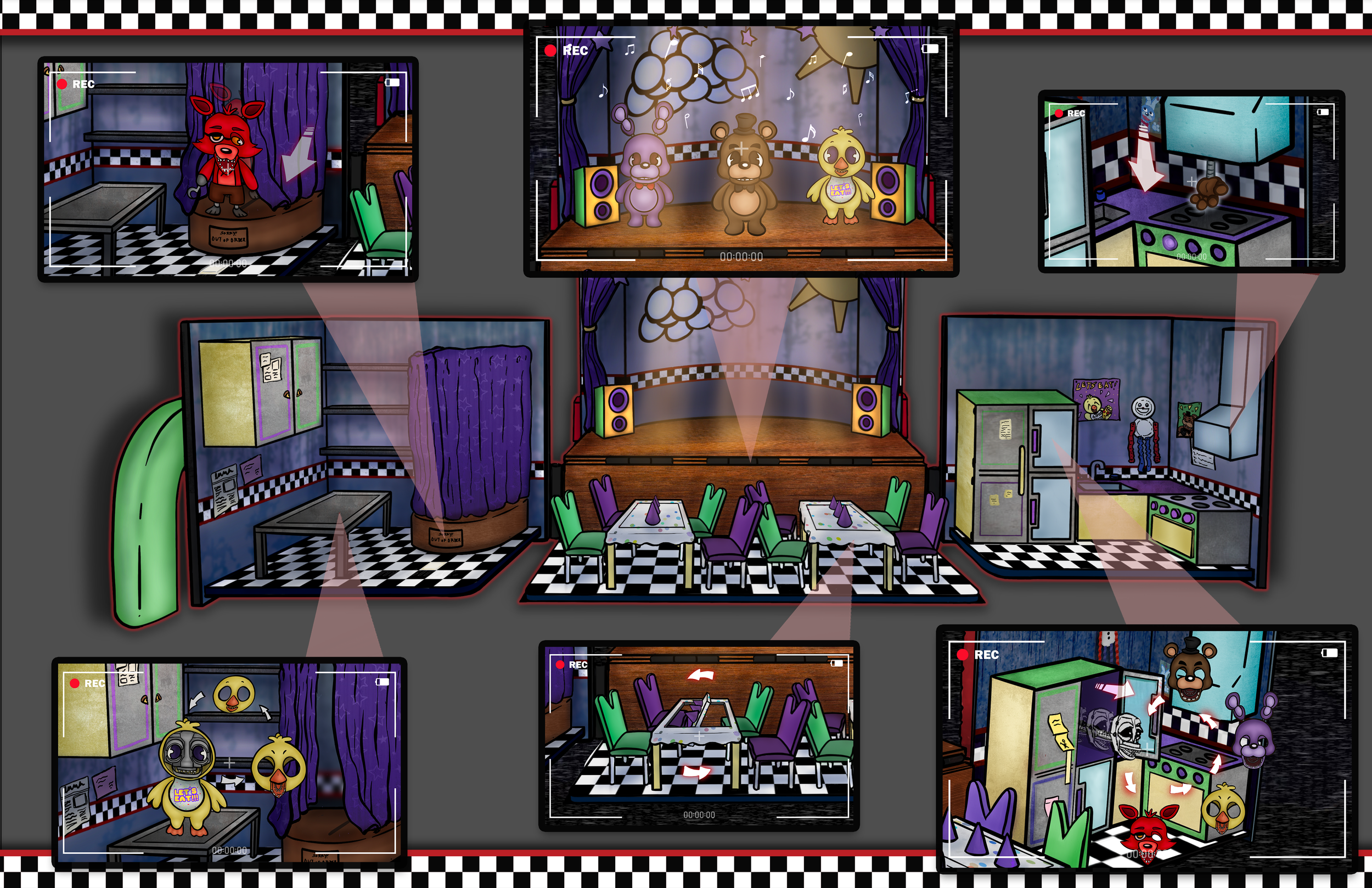 A collection of animated characters in different rooms, including a red fox with glasses and a purple curtain, and three animatronics on a stage, inside a dark setting resembling a video game or animation scene.