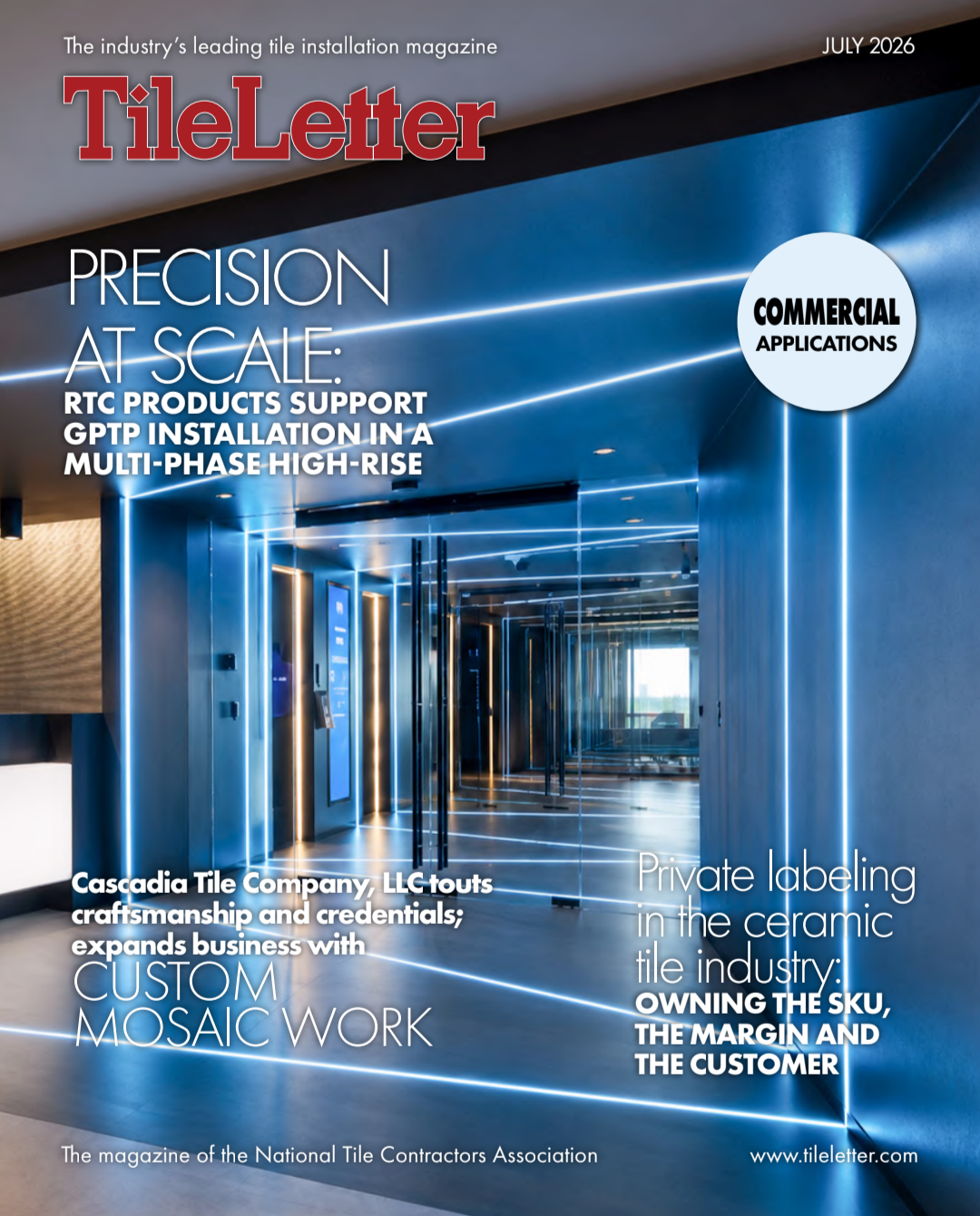Magazine cover titled 'TileLetter' with a modern interior design featuring illuminated blue lines and mirrored walls, dated July 2026, focusing on ceramic tile industry topics.