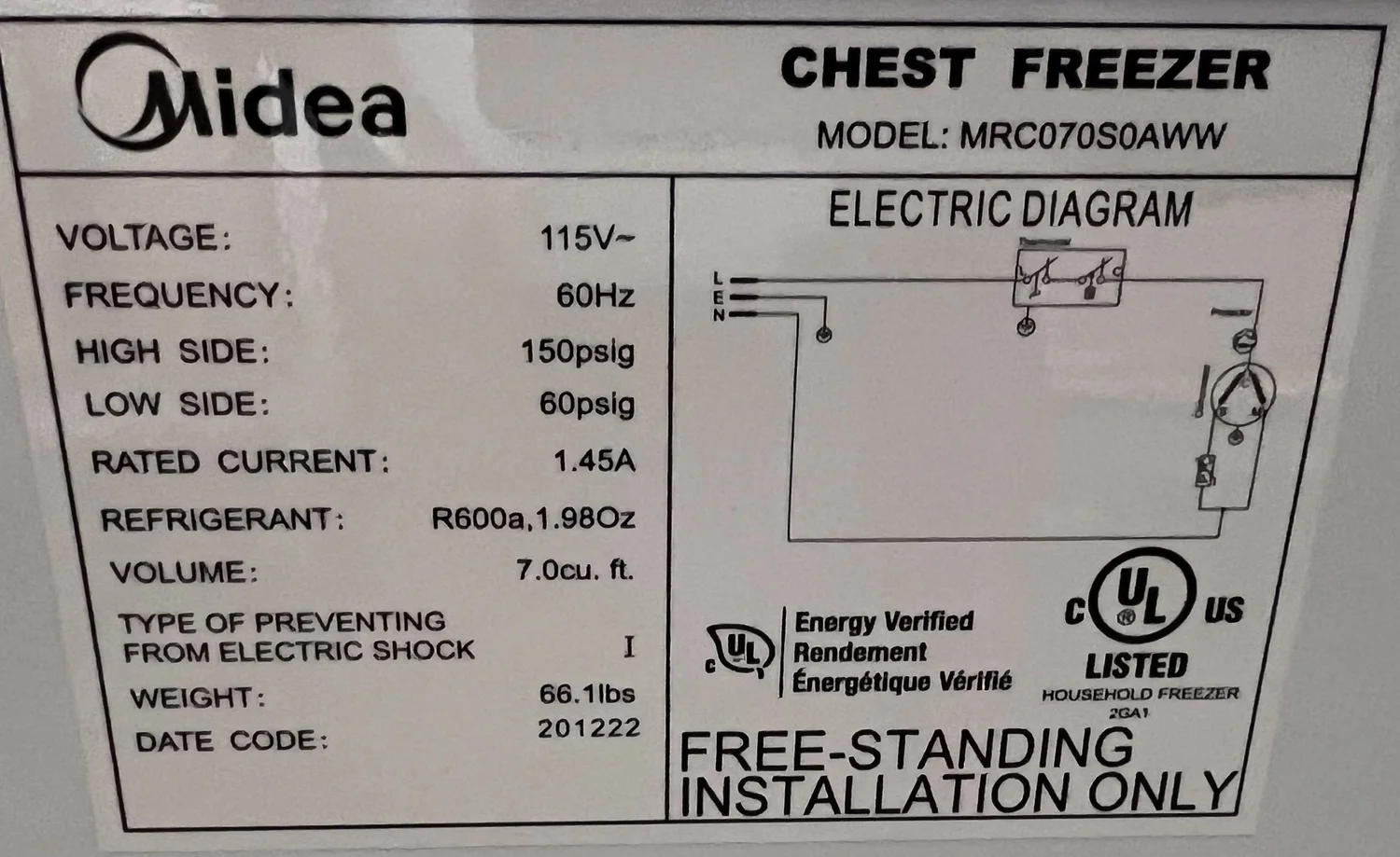 Midea freezer model number sticker location