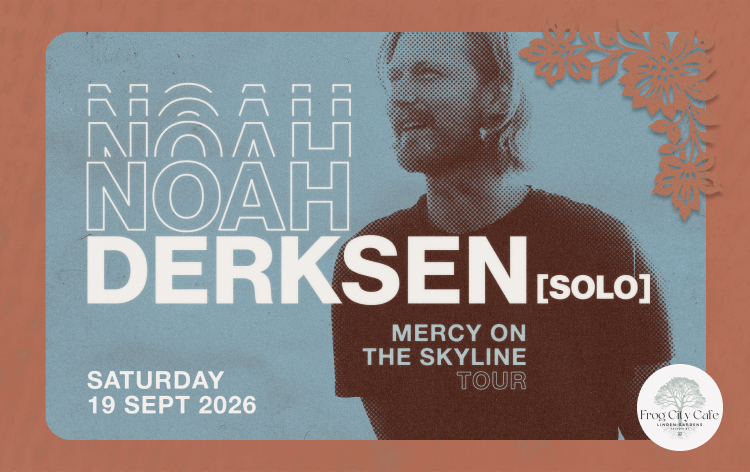 Poster featuring Noah Derksen solo tour, titled 'Mercy on the Skyline,' scheduled for Saturday, September 19, 2026, at Frog City Cafe, London, with a portrait of Noah Derksen, decorative floral elements in the top right corner, and a textured blue background.
