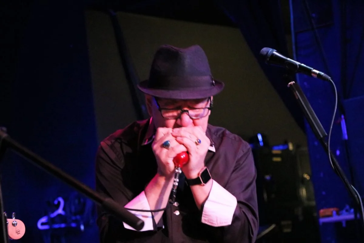 A person wearing a black fedora and glasses playing a harmonica on stage, surrounded by microphone equipment and dark stage lighting.