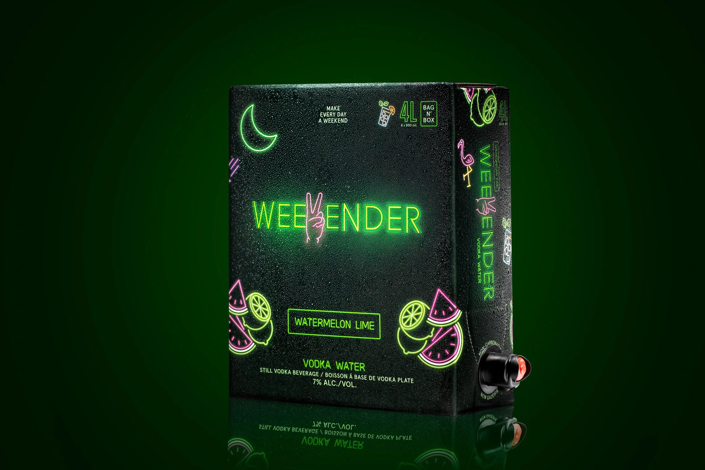 Neon-style packaging box for water-based vodka infused with watermelon and lime, with a black and green background, featuring neon illustrations of watermelon slices, lemon/lime slices, a moon, and a peace sign.