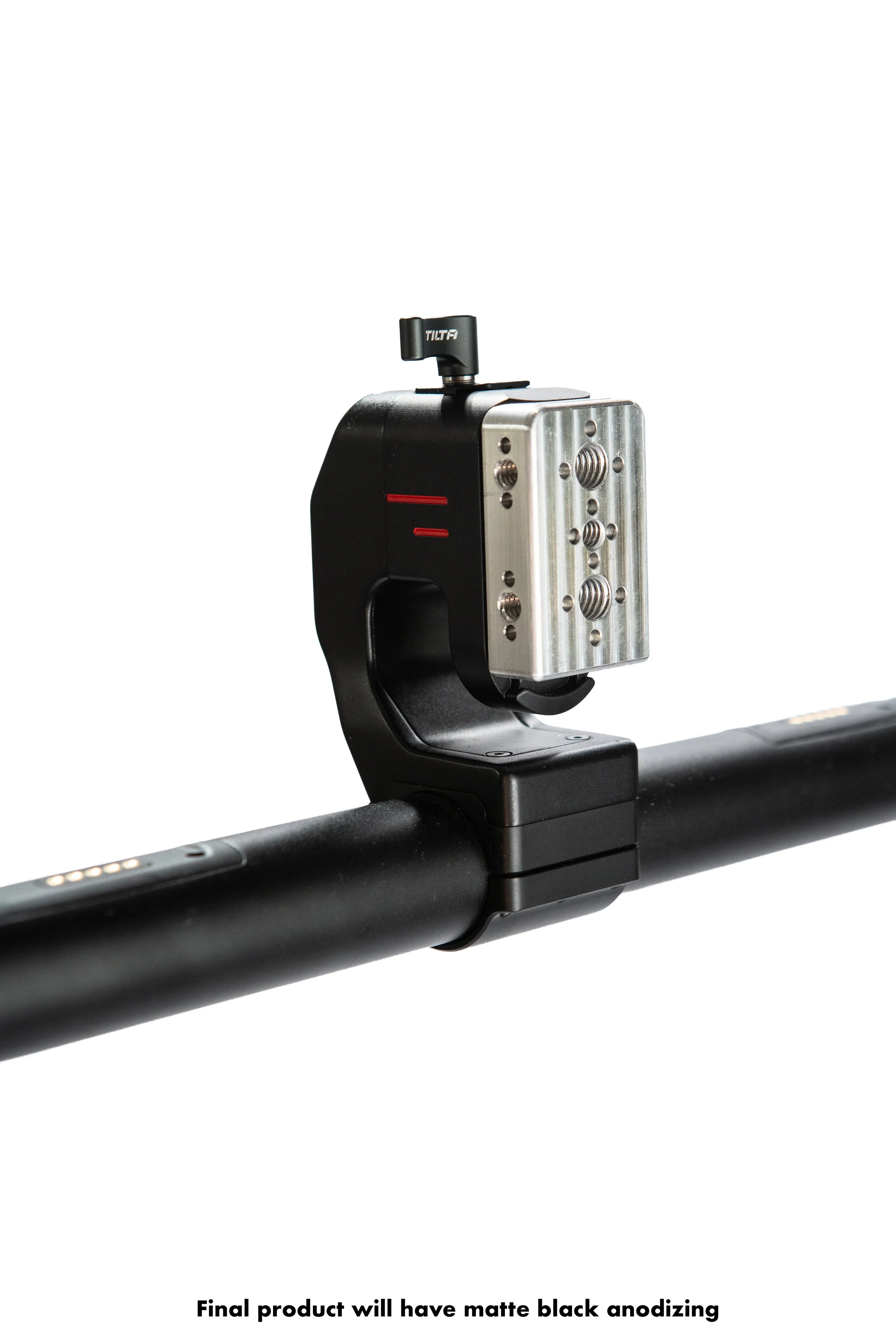 The Tilta Ring Handle Starter is a precision-machined aluminum upgrade for the Tilta Advanced and Basic Ring Grips. Replacing the DJI battery with a compact mini cheeseplate, it features two 3/8"-16 a