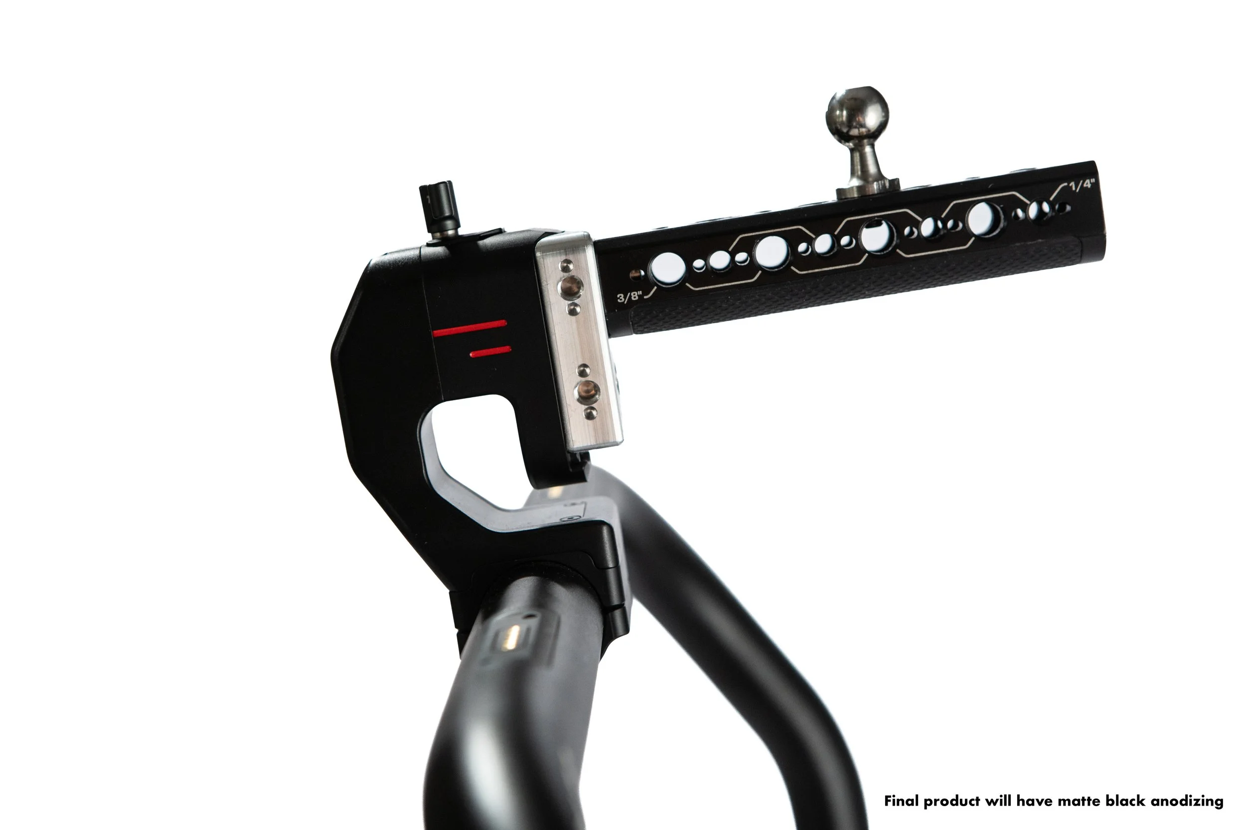 The Tilta Ring Handle Starter is a precision-machined aluminum upgrade for the Tilta Advanced and Basic Ring Grips. Replacing the DJI battery with a compact mini cheeseplate, it features two 3/8"-16 a