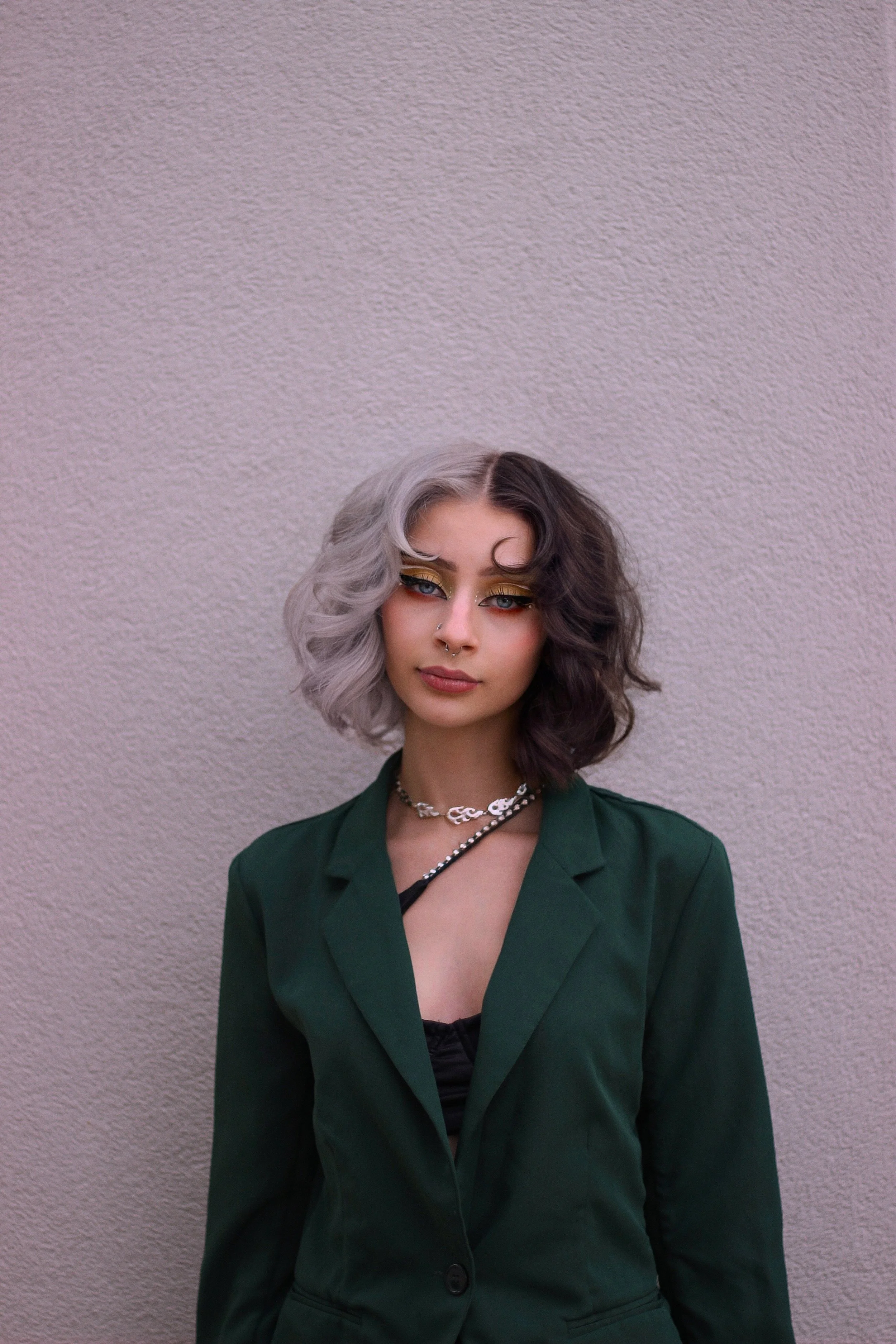 Split color hair. Split-dye. Platinum and espresso brown hair. Two-toned hair.