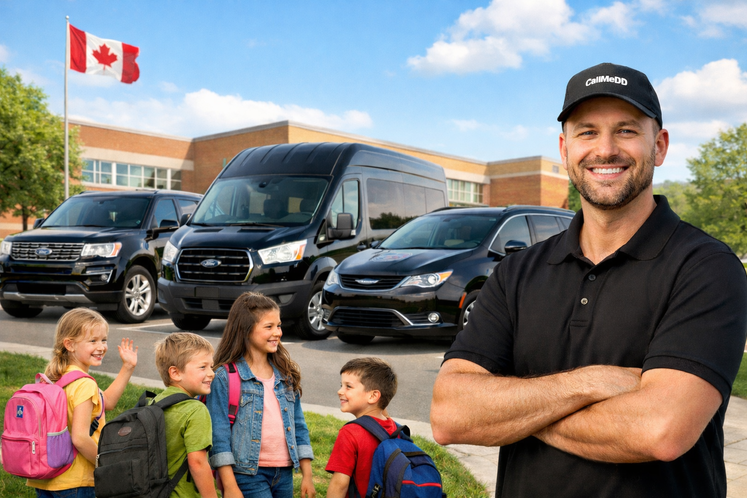 A smiling man in a black polo and cap stands with crossed arms in front of a school parking lot with children and parked cars, and a Canadian flag flying outside.