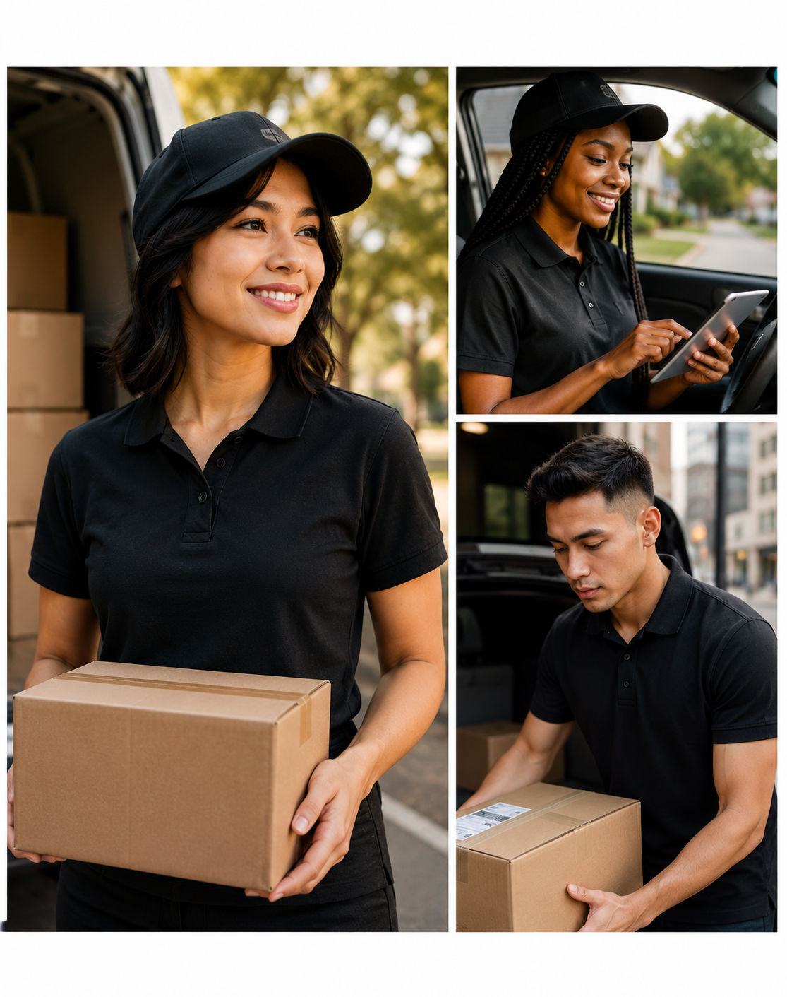 Three photos of young adults wearing black hoodies, some holding packages, with one woman sitting in a car reading a document.