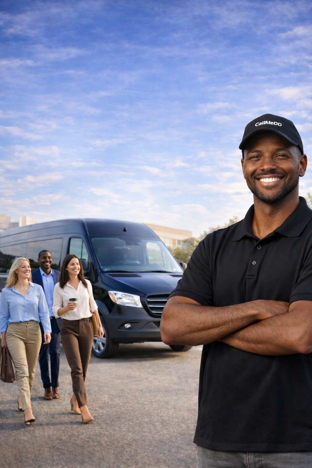 A smiling man in a black polo shirt and cap with the text 'CallMeDD', standing with his arms crossed in front of a group of professionals walking toward a black van on a sunny day with a partly cloudy blue sky.
