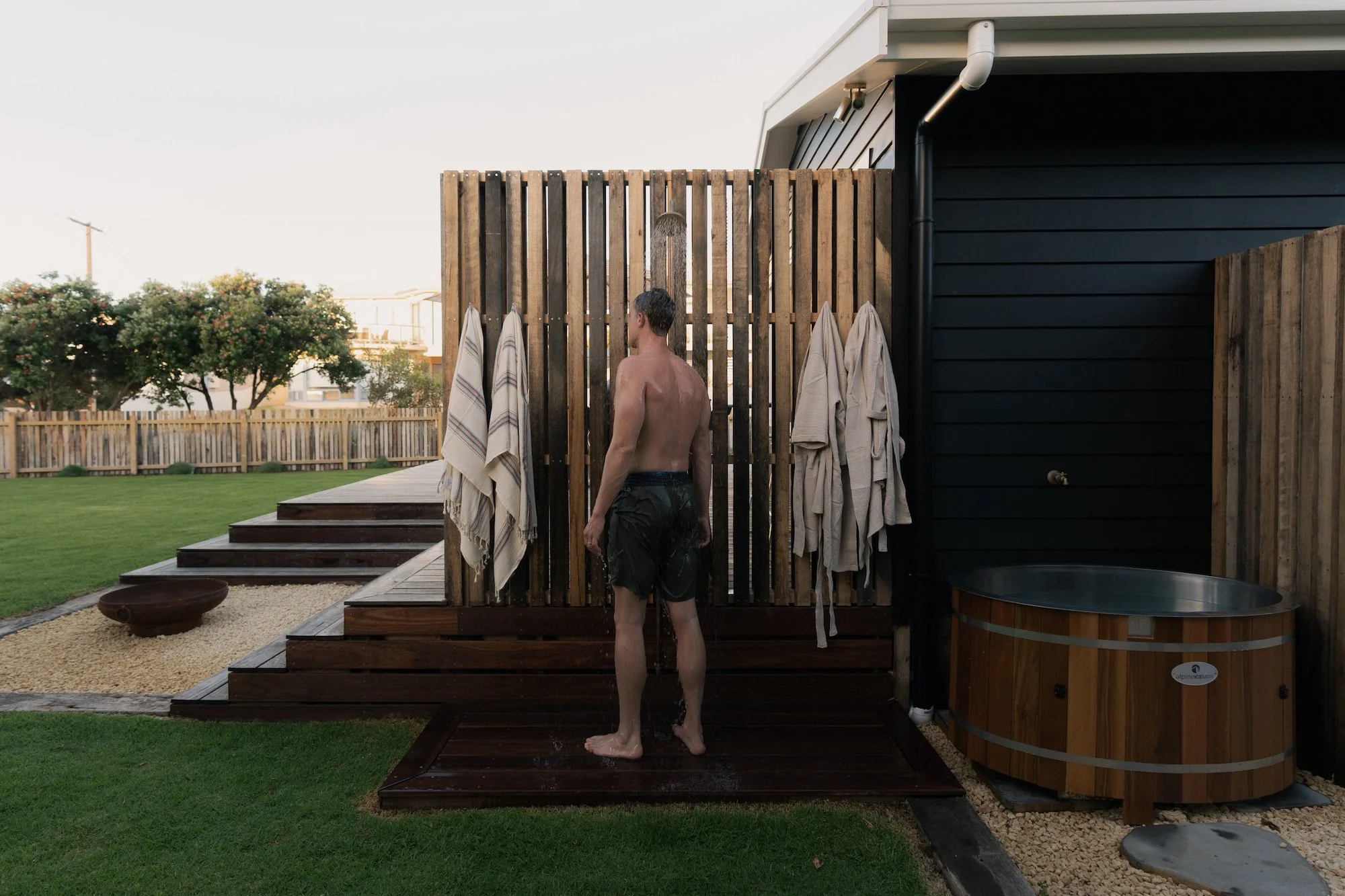 Outdoor shower, fire pit and ice bath