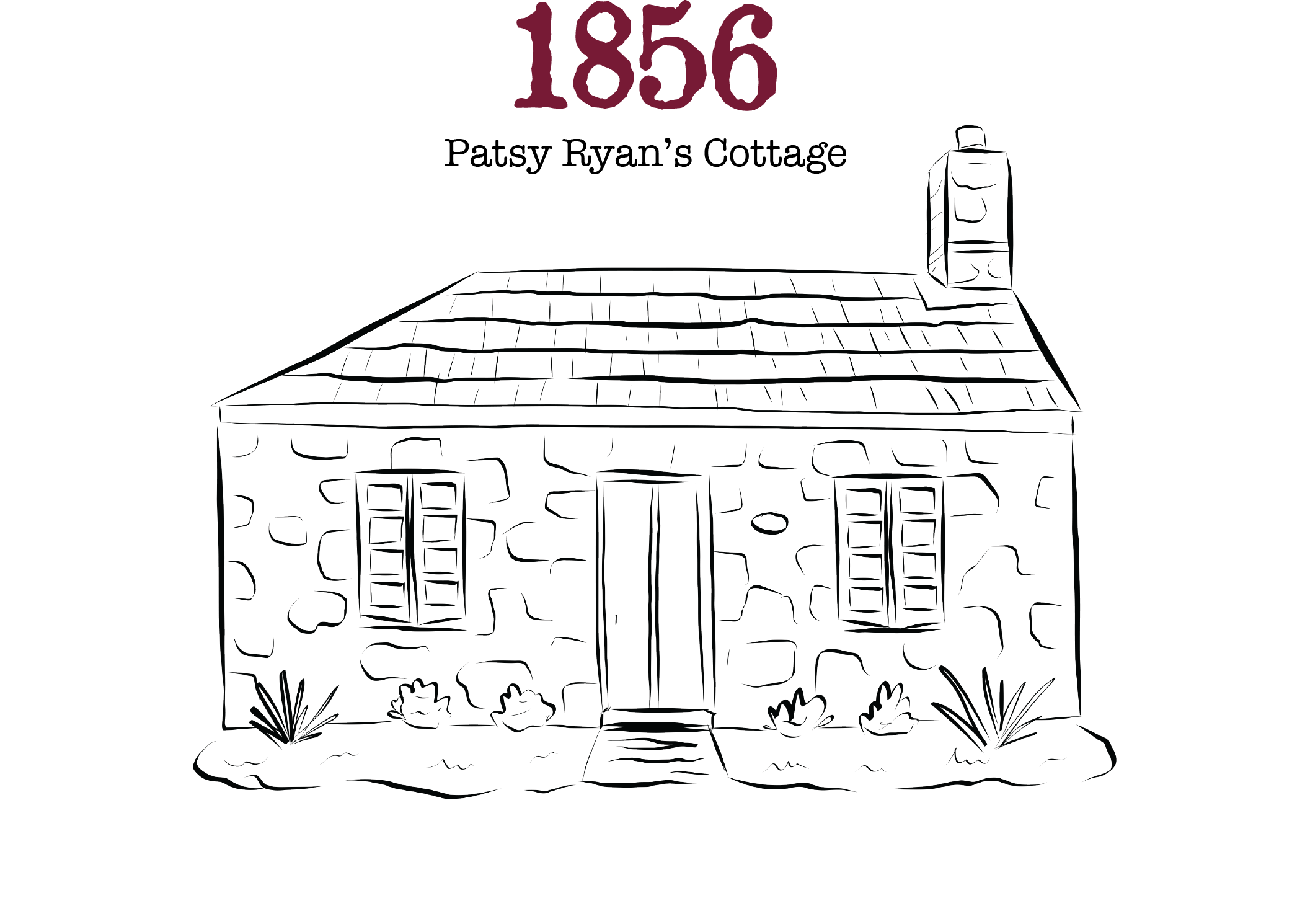An outline drawing of a house with a front porch, a chimney, and a gabled roof. The house has a door, several windows, and is surrounded by plants and bushes. The number 1856 is displayed above the house in large text.