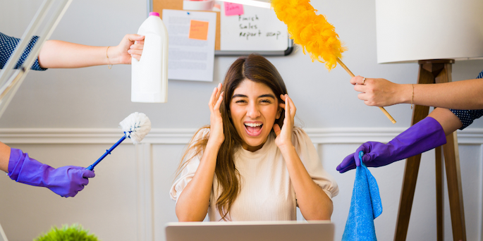 Lady being overwhelmed with household tasks