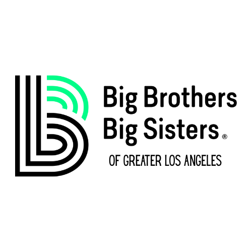 Logo for Big Brothers Big Sisters of Greater Los Angeles featuring a stylized letter B with black and green lines and the organization name.