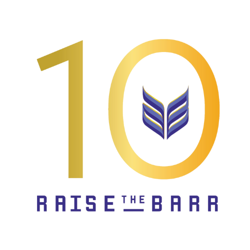 Logo featuring the number 10 in gold with a blue and gold emblem inside the zero, and the words 'RAISE THE BARR' in purple beneath.