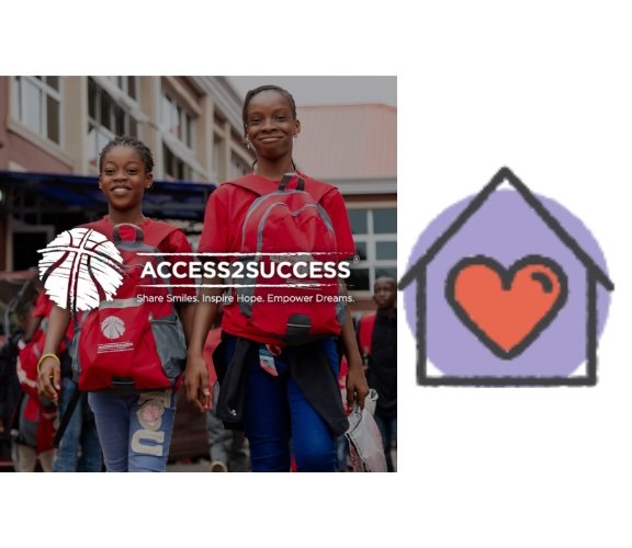 A group of children and an adult lying on the grass in a circle, smiling and looking up. They are wearing green shirts with logos, and there is a drawn house with a heart on it in the corner.