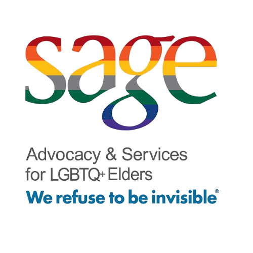 The image features the logo of SAGE, an organization providing advocacy and services for LGBTQ+ elders, with the slogan "We refuse to be invisible." The logo has rainbow-colored text and the slogan is in blue.