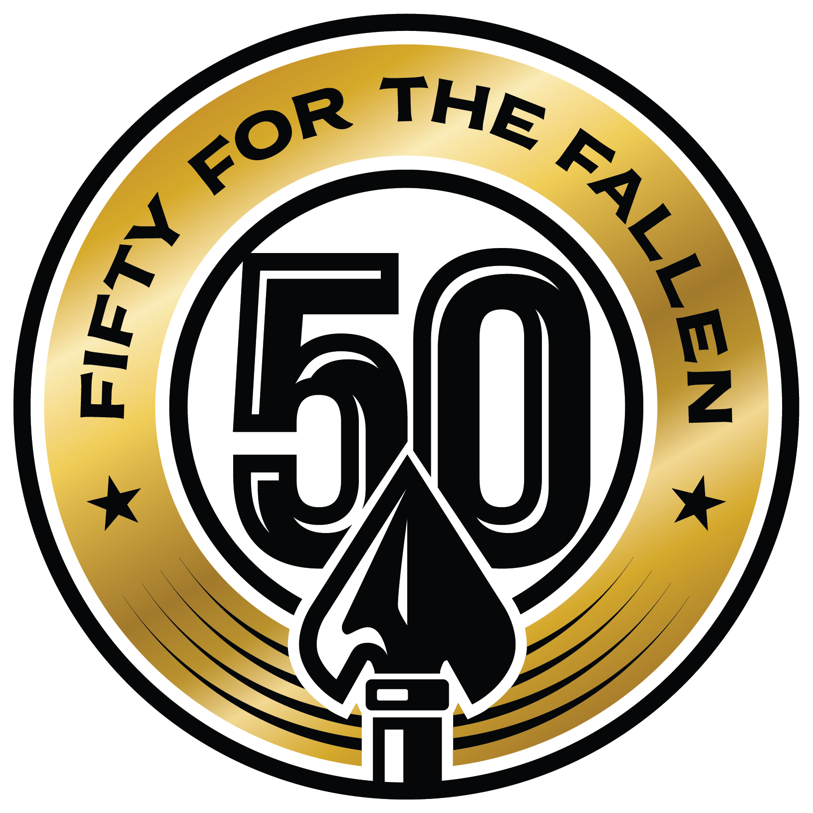 A circular logo with a gold border and black text that reads 'Fifty For The Fallen' at the top. Inside, large black numbers '50' and a black and white torch are centered.