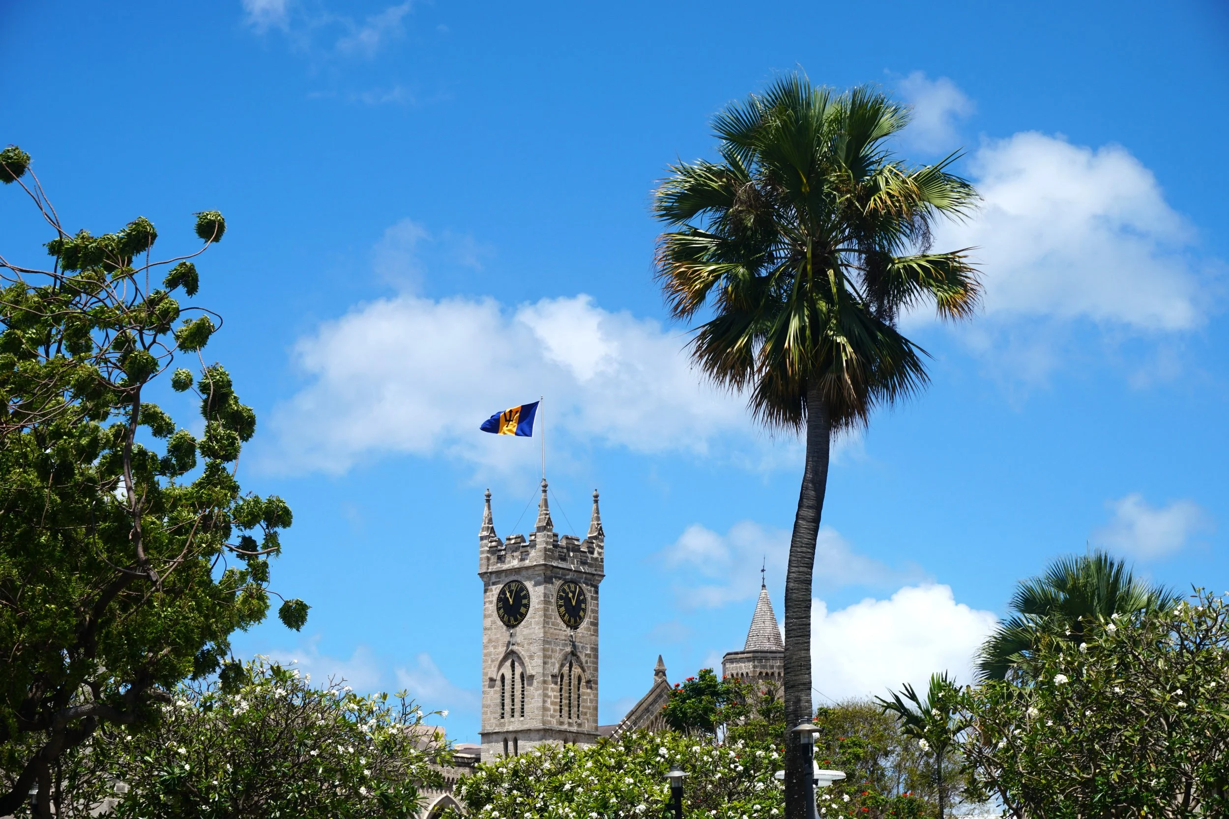 A historic stone church with a clock tower flying a flag, surrounded by tropical trees and plants, under a blue sky with clouds.