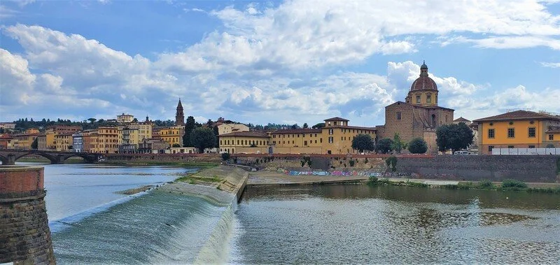 Cityscape of Florence, Italy, with the Arno River, historic buildings, and a cloudy sky.