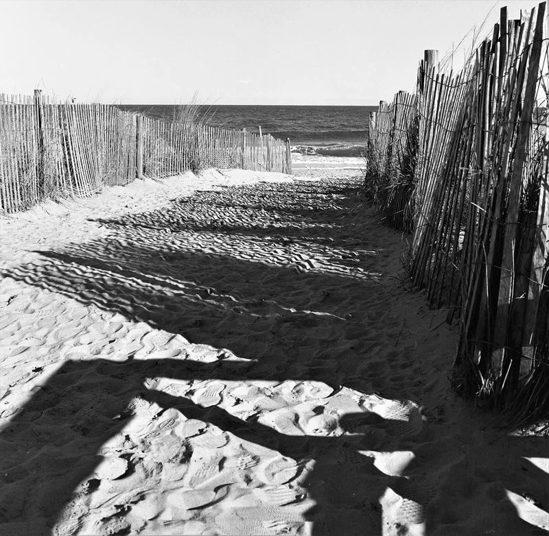 Black and white photo of a sandy beach pathway between wooden fences leading to the ocean with waves.