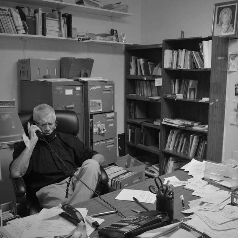 An older man with glasses sitting at a cluttered desk, talking on a landline phone in a small office filled with books, papers, and filing cabinets.