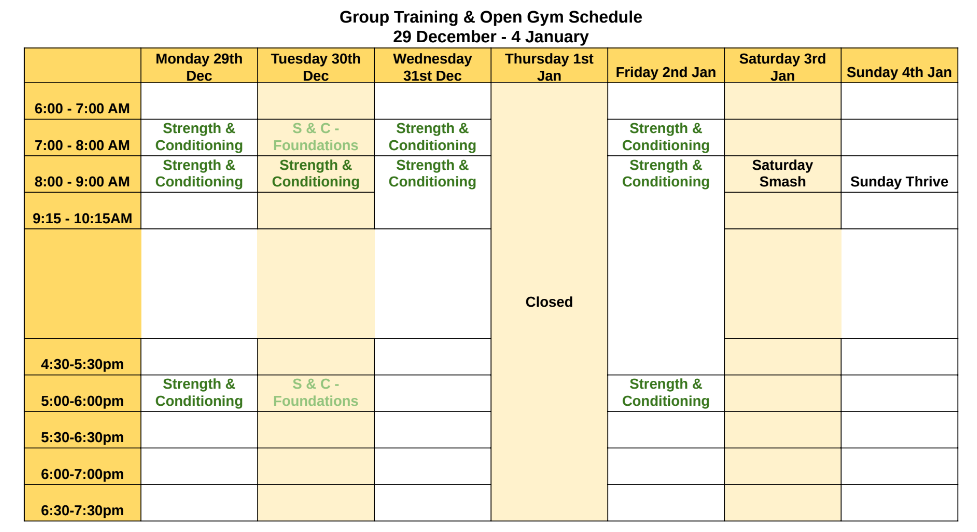 Festive Season schedule 29 Dec - 4 Jan