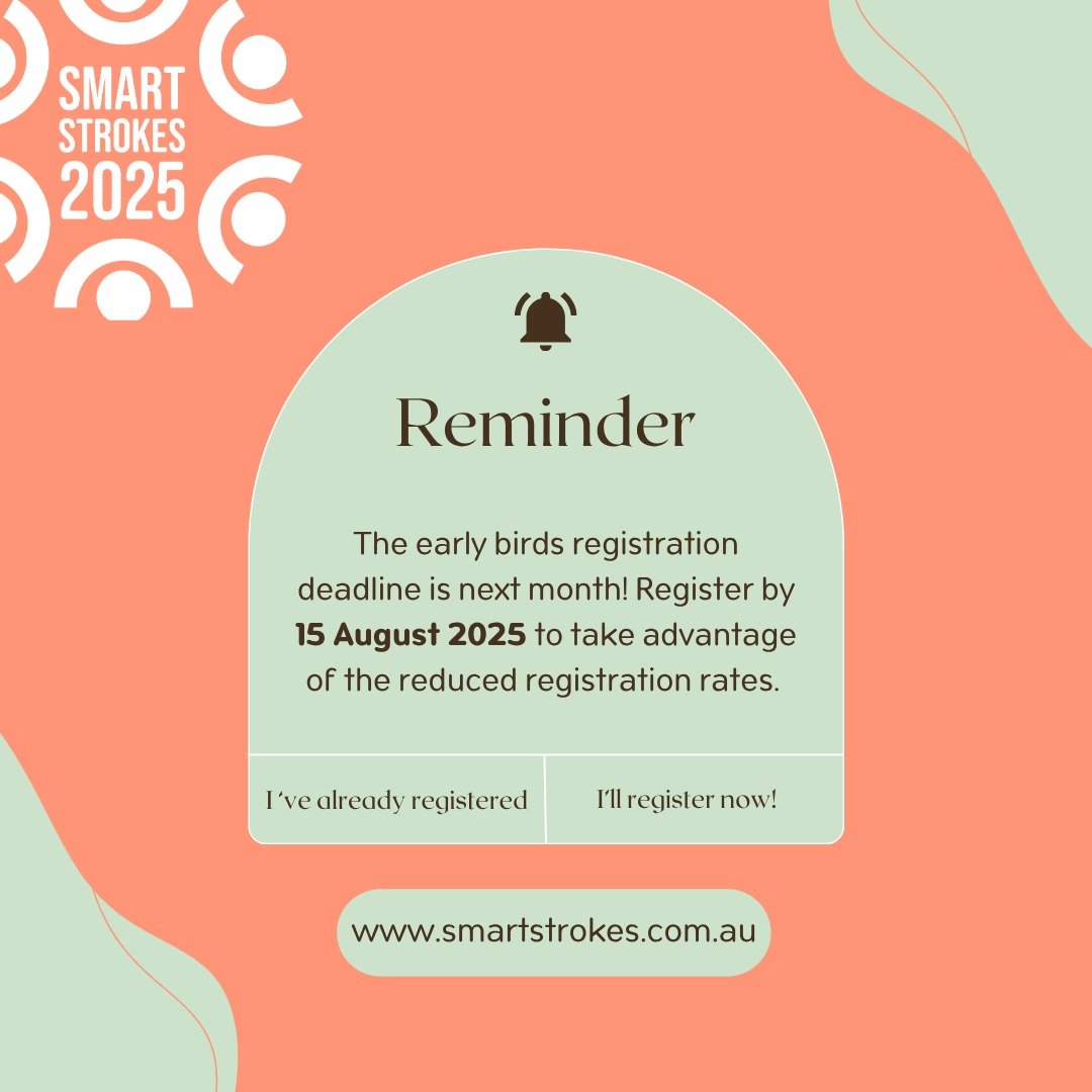 Early Bird registration for Smart Strokes 2025 ends 15 August 2025!
Don’t miss out on discounted rates to attend! The conference will be packed with research, clinical insights, and networking opportunities.
🔗 Register now via the link in bi