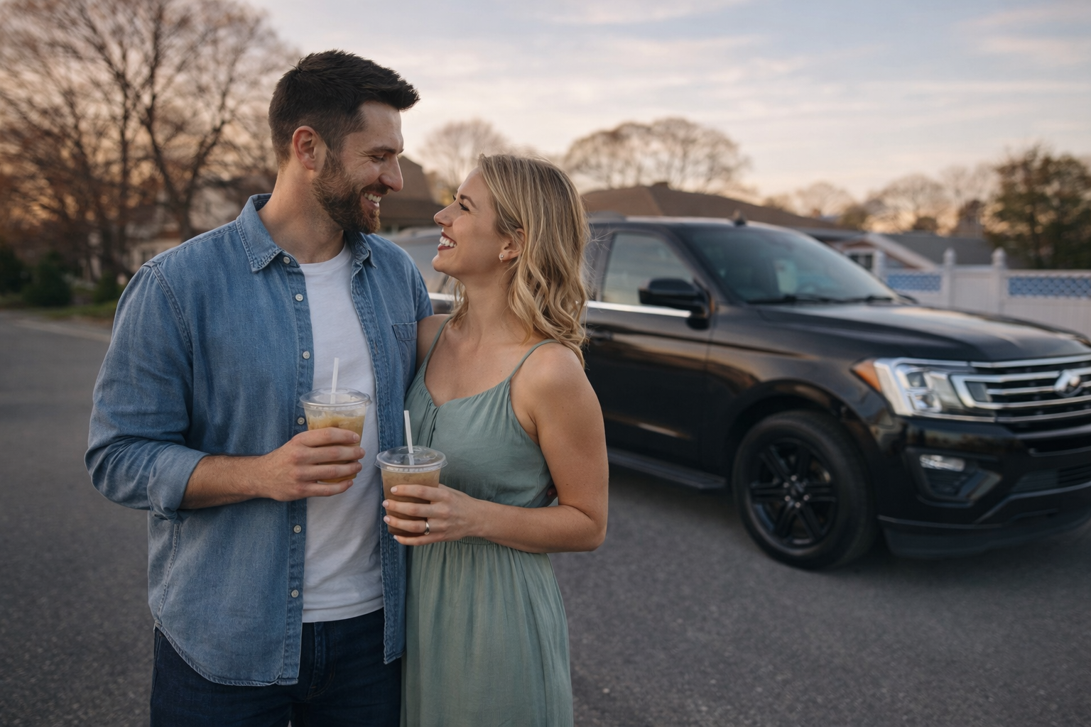 Twilight stroll with a luxury SUV.png