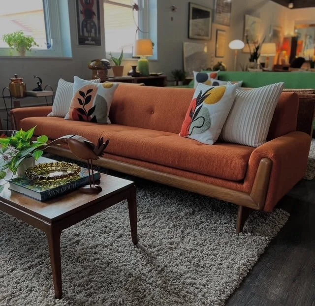 Living room with a mid-century modern style orange sofa, colorful floral and striped throw pillows, a dark wood coffee table with decorative items, a plush gray rug, and a background of lamps, artwork, and plants.