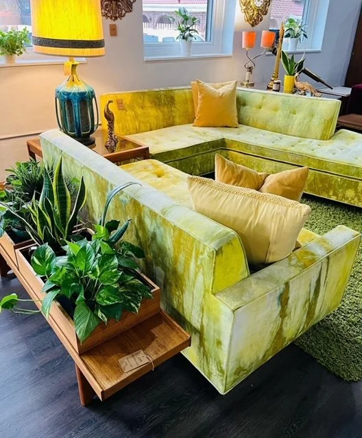 A living room corner with a green velvet sectional sofa, yellow throw pillows, and a matching throw pillow. Next to the sofa is a wooden side table with potted green plants. In the background, there is a yellow lamp with a blue base on a side table, 