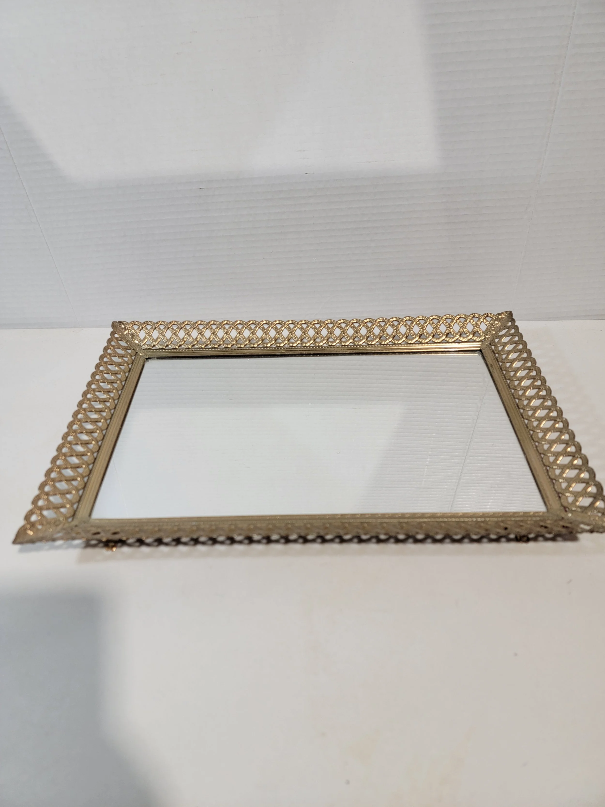 Vintage Gold Toned Metal Filigree Mirror Vanity Tray A4