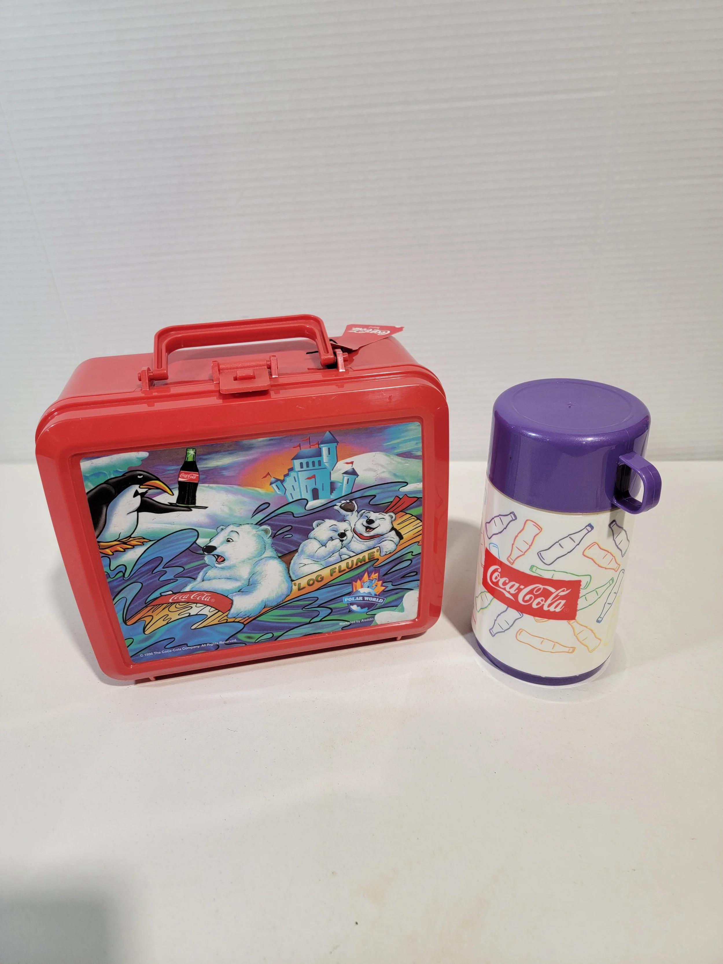 Vintage 1996 Aladdin Coca-Cola Polar Bears Log Flume Plastic Lunchbox and Thermo A1