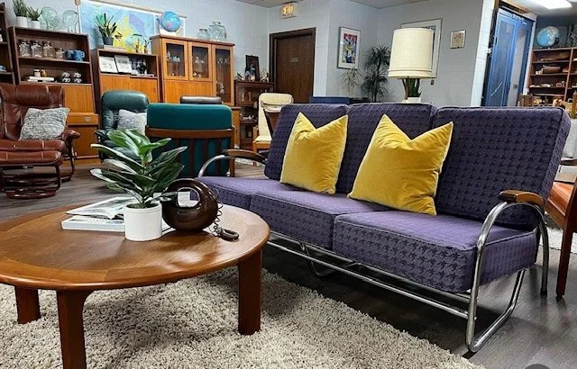 Living room with a purple couch, yellow pillows, a wooden coffee table with a potted plant, a brown armchair, and a bookshelf and cabinet in the background.
