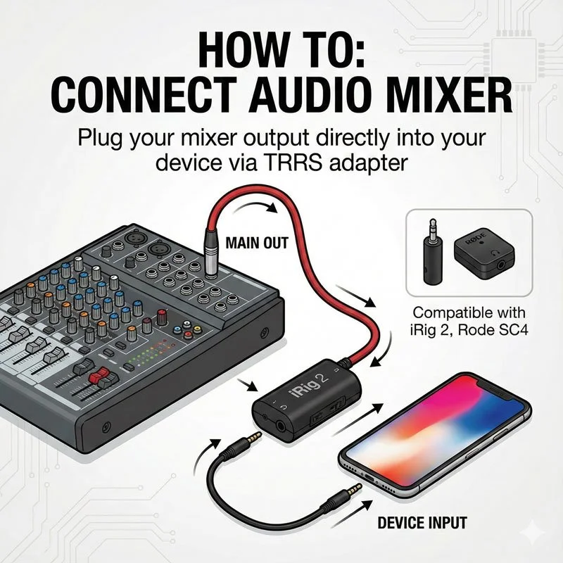 Diagram showing how to connect an audio mixer to a smartphone using an iRig 2 device and TRRS adapter, with labels for main out, device input, and compatible accessories.