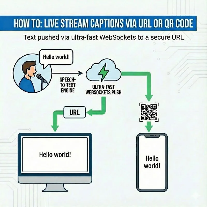 Diagram demonstrating how to stream live captions via URL or QR code, showing speech-to-text engine converting speech to text, pushing via ultra-fast WebSockets to generate a QR code and display on a smartphone and a computer.