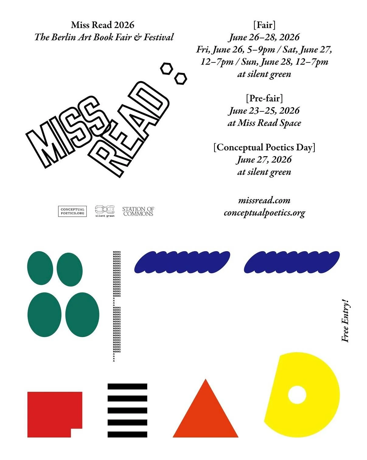 SHU SHU Booth B02

MISS READ: The Berlin Art Book Fair &amp; Festival goes to silent green Kulturquartier @silent.green from June 26-28, 2026 with a focus on Bibliodiversity. Now in its
eighteenth year, MISS READ continues to offer a vibrant platform