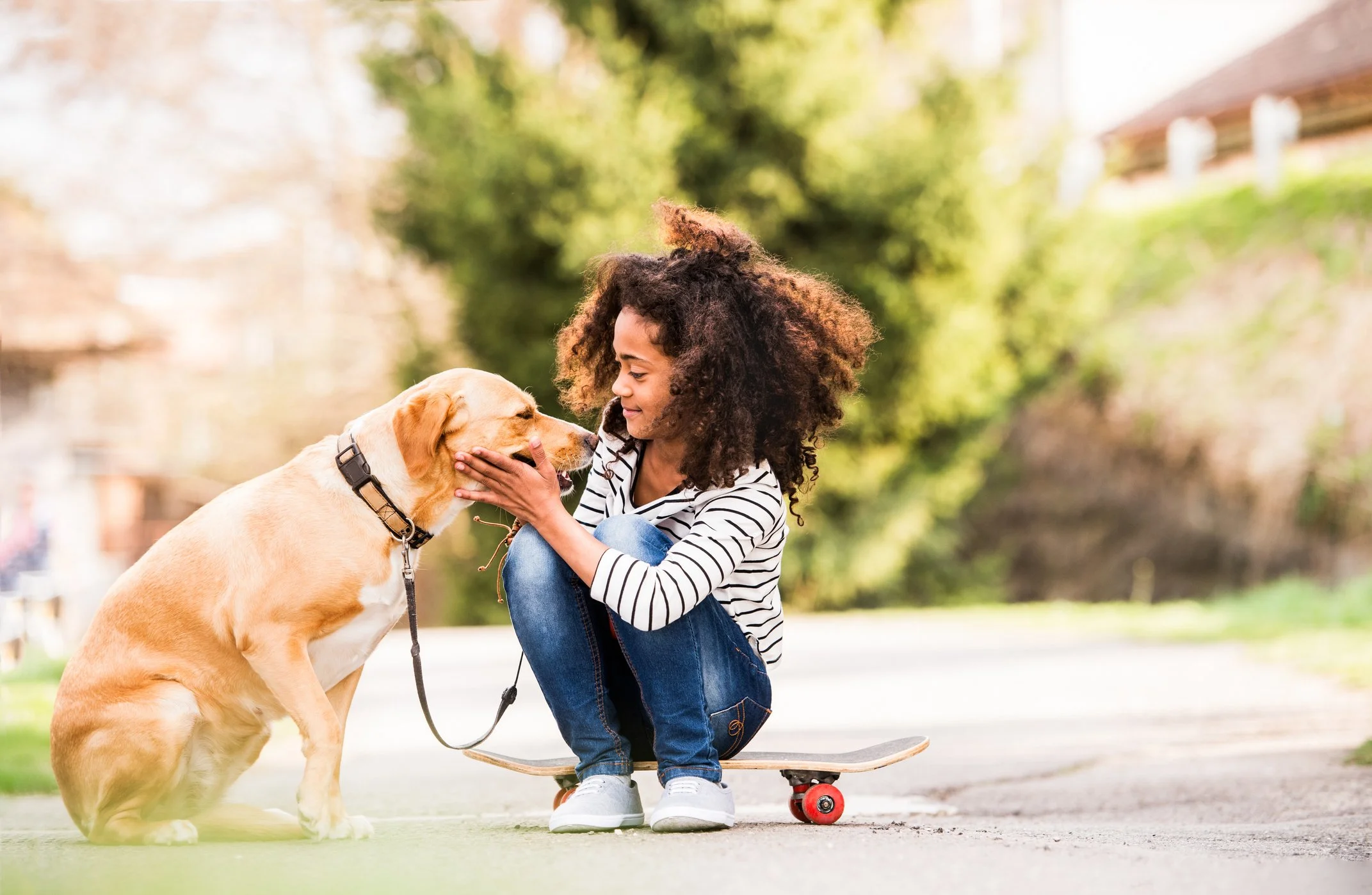 A person sitting on a skateboard outdoors, smiling and petting a large dog on a leash.
