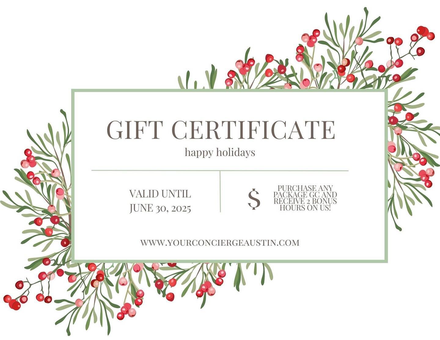 Give the Gift of Time! 

This Black Friday &amp; Cyber Monday, take advantage of our special offer: Purchase a gift certificate package and receive an extra 2-hour bonus! 

Let us serve you with:
- Personal errands
- Gift wrapping
- Private event ass